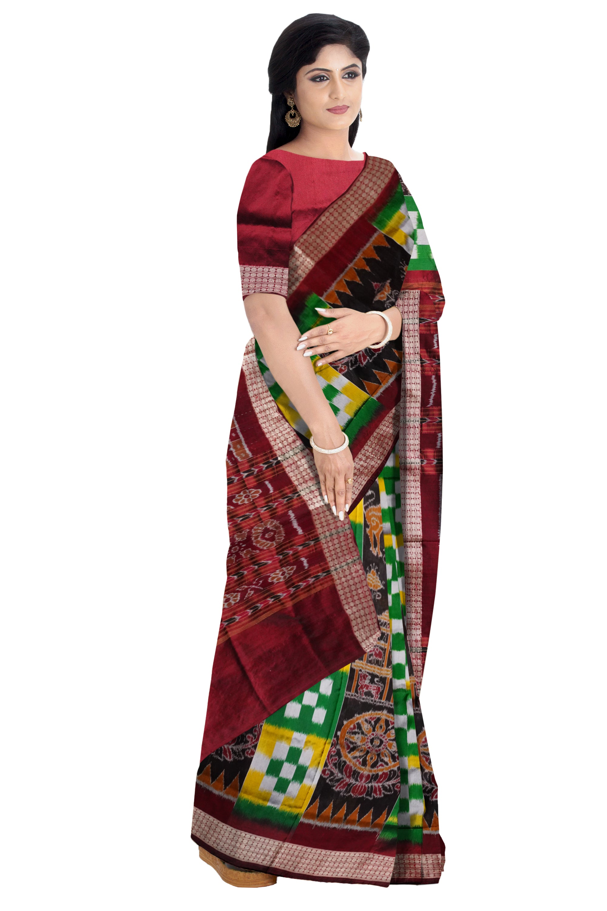 Konark and Lion pattern Sambalpuri pata saree in Green, Yellow and Coffee color base. - Koshali Arts & Crafts Enterprise