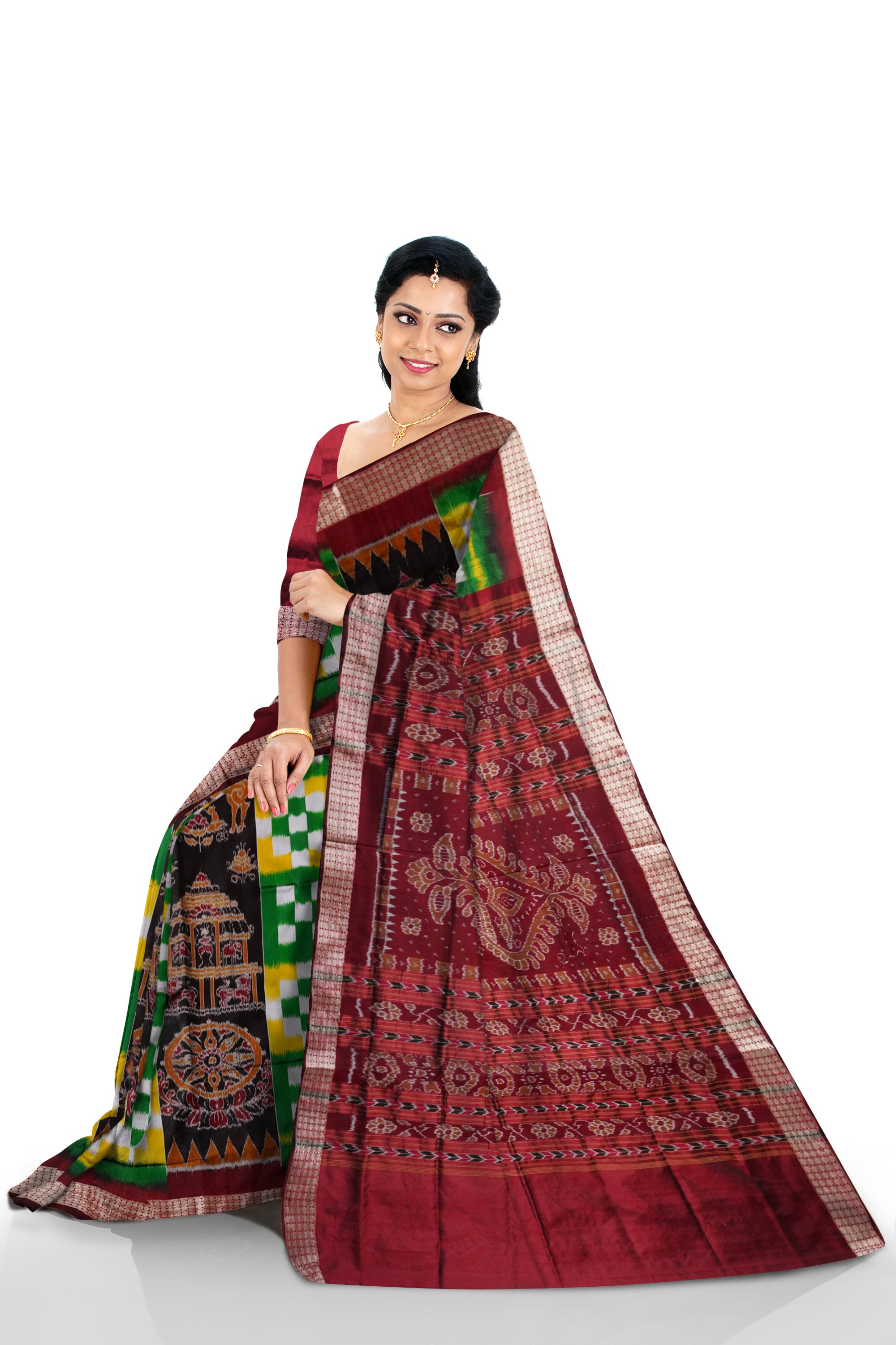 Konark and Lion pattern Sambalpuri pata saree in Green, Yellow and Coffee color base. - Koshali Arts & Crafts Enterprise