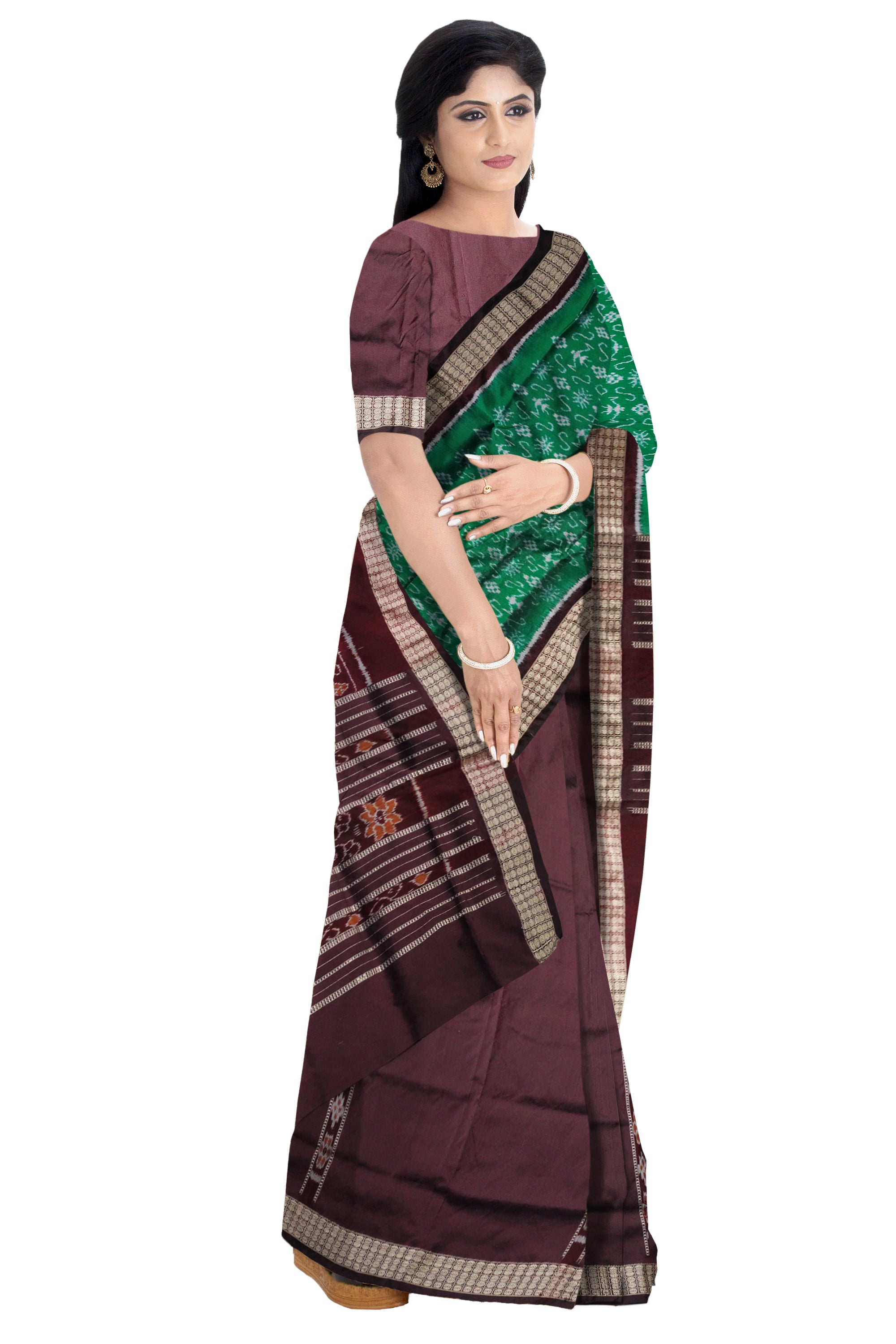 Terracotta with Pasapali pattern patli design Sambalpuri pata saree in Green and Coffee color. - Koshali Arts & Crafts Enterprise