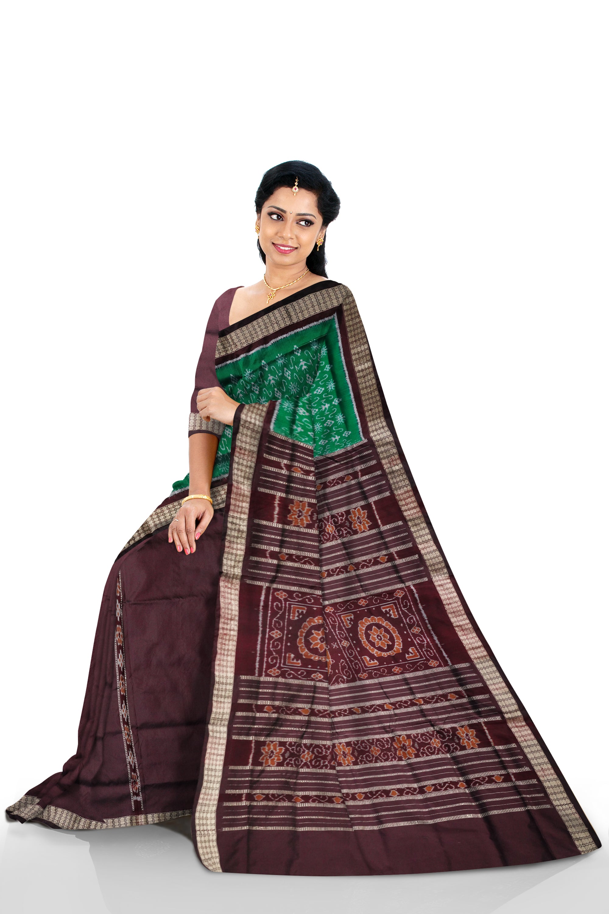 Terracotta with Pasapali pattern patli design Sambalpuri pata saree in Green and Coffee color. - Koshali Arts & Crafts Enterprise