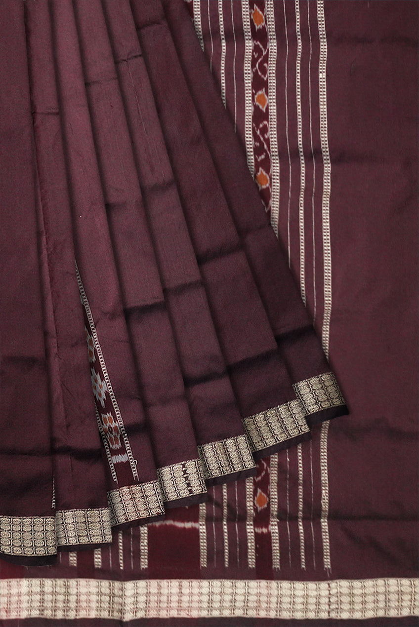 Terracotta with Pasapali pattern patli design Sambalpuri pata saree in Green and Coffee color. - Koshali Arts & Crafts Enterprise