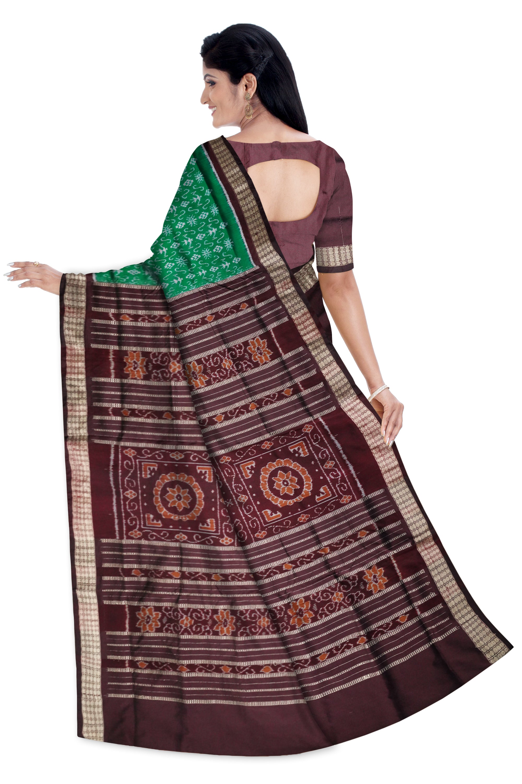 Terracotta with Pasapali pattern patli design Sambalpuri pata saree in Green and Coffee color. - Koshali Arts & Crafts Enterprise
