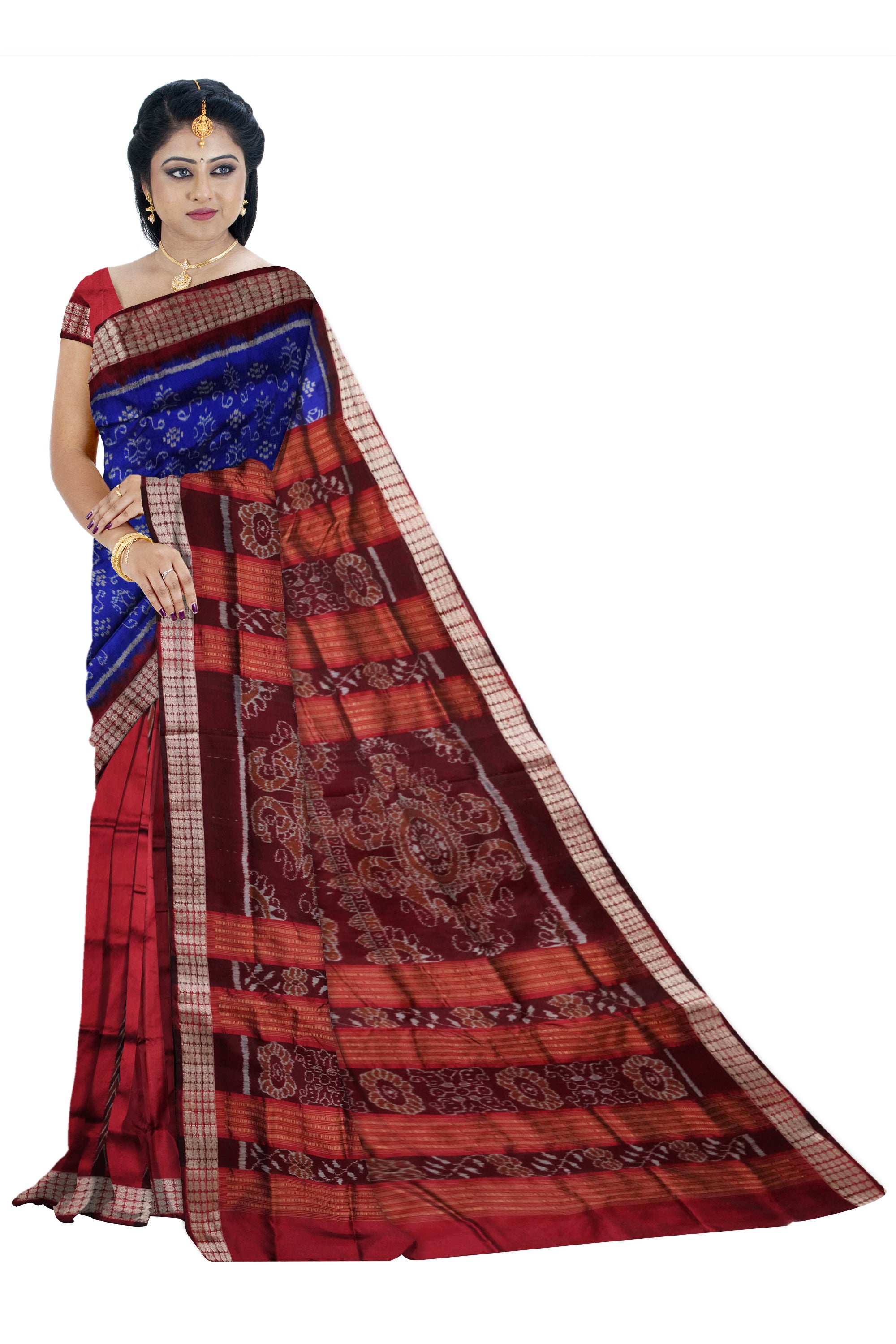 Small pasapali with terracotta pattern patli design pata saree in blue and maroon color. - Koshali Arts & Crafts Enterprise