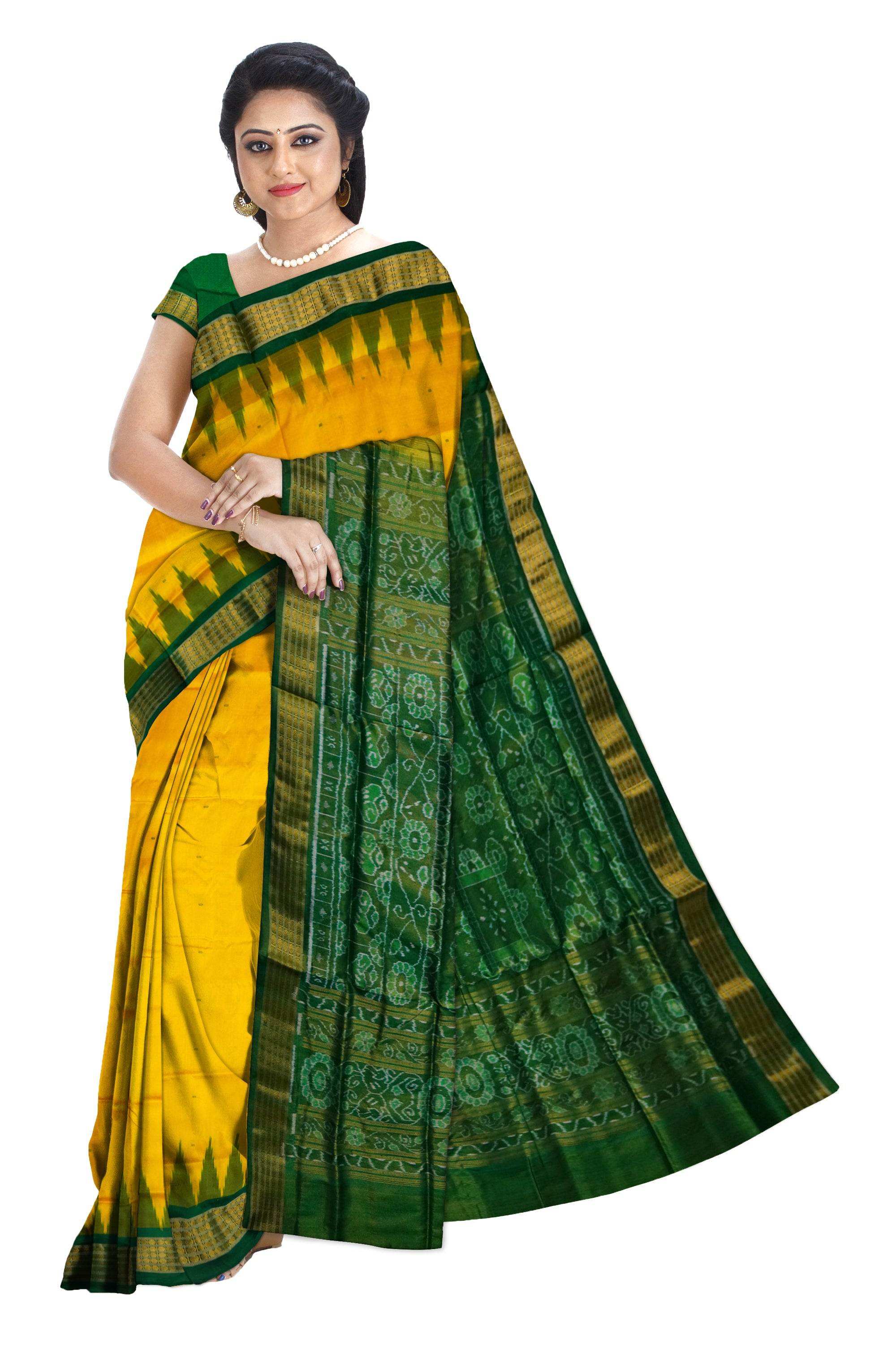 Yellow and Green color pure silk with tissue work Sambalpuri pata saree. - Koshali Arts & Crafts Enterprise