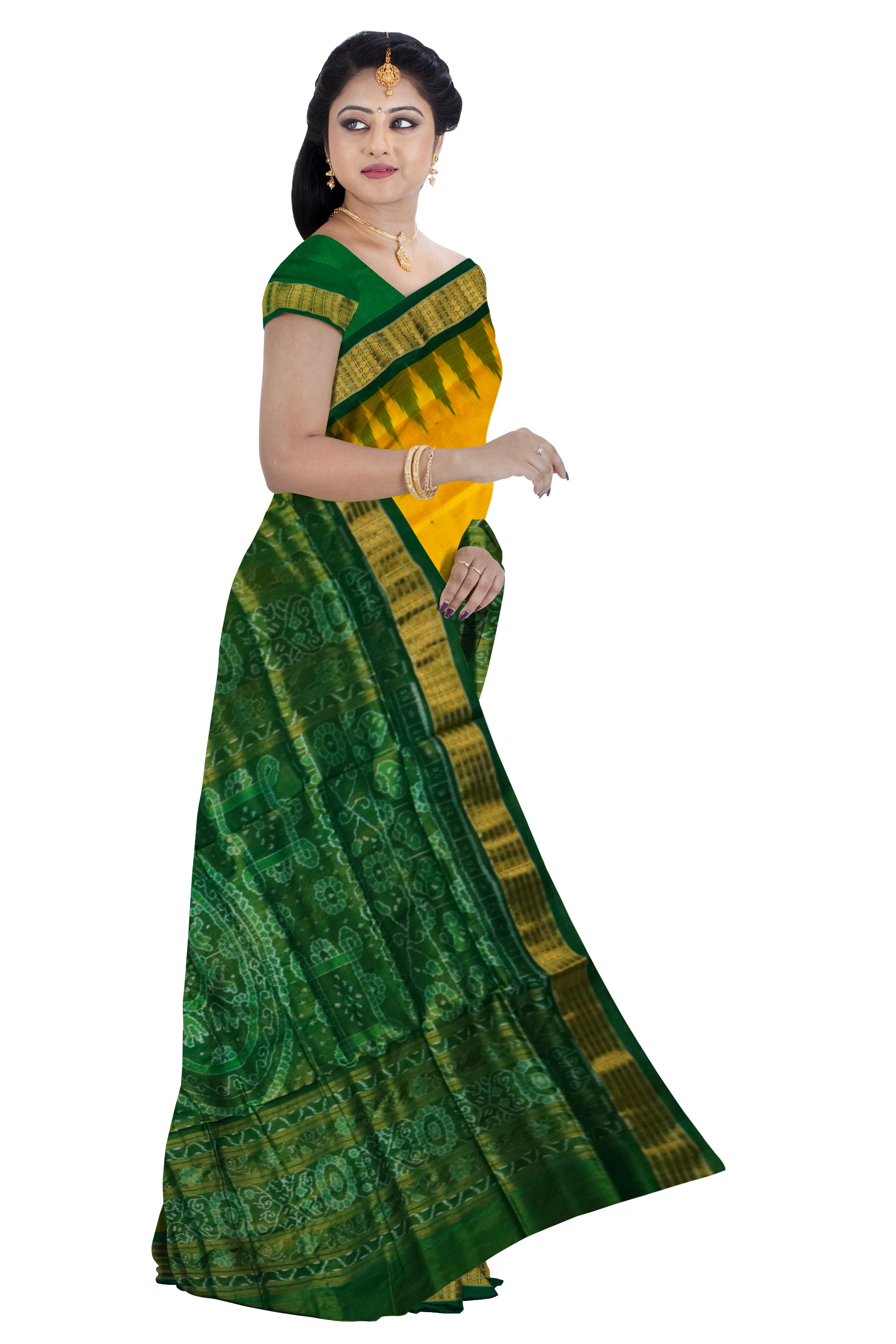 Yellow and Green color pure silk with tissue work Sambalpuri pata saree. - Koshali Arts & Crafts Enterprise