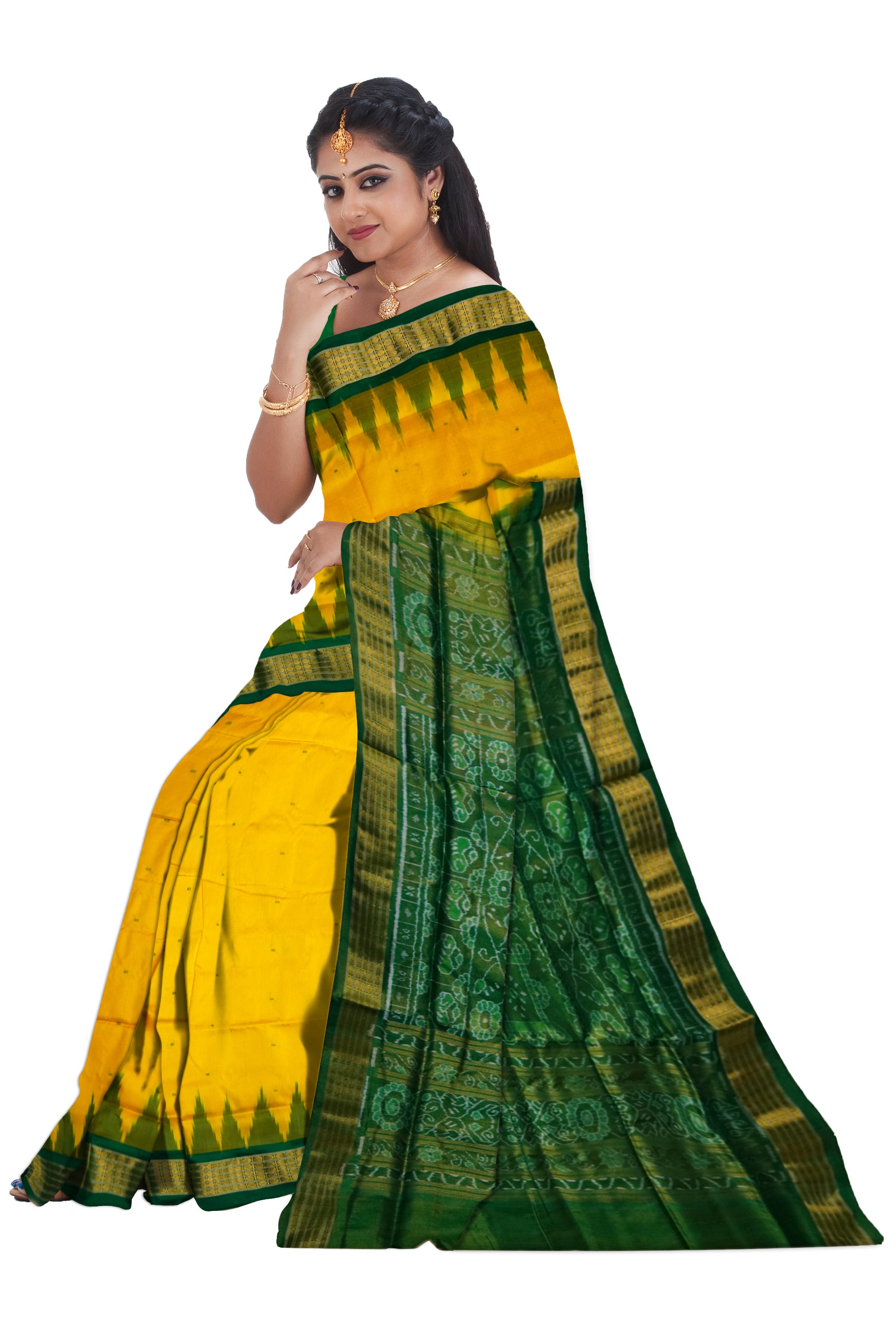 Yellow and Green color pure silk with tissue work Sambalpuri pata saree. - Koshali Arts & Crafts Enterprise