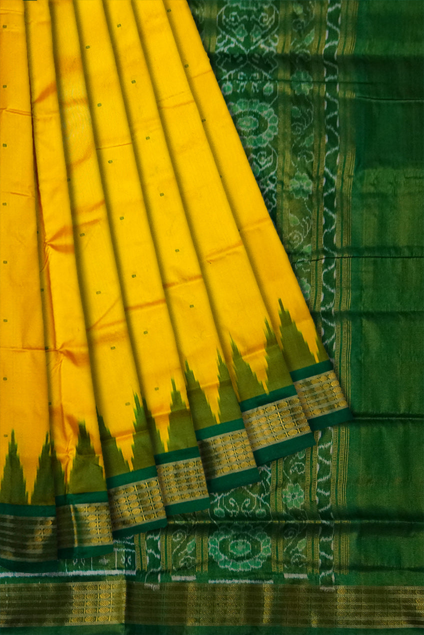 Yellow and Green color pure silk with tissue work Sambalpuri pata saree. - Koshali Arts & Crafts Enterprise