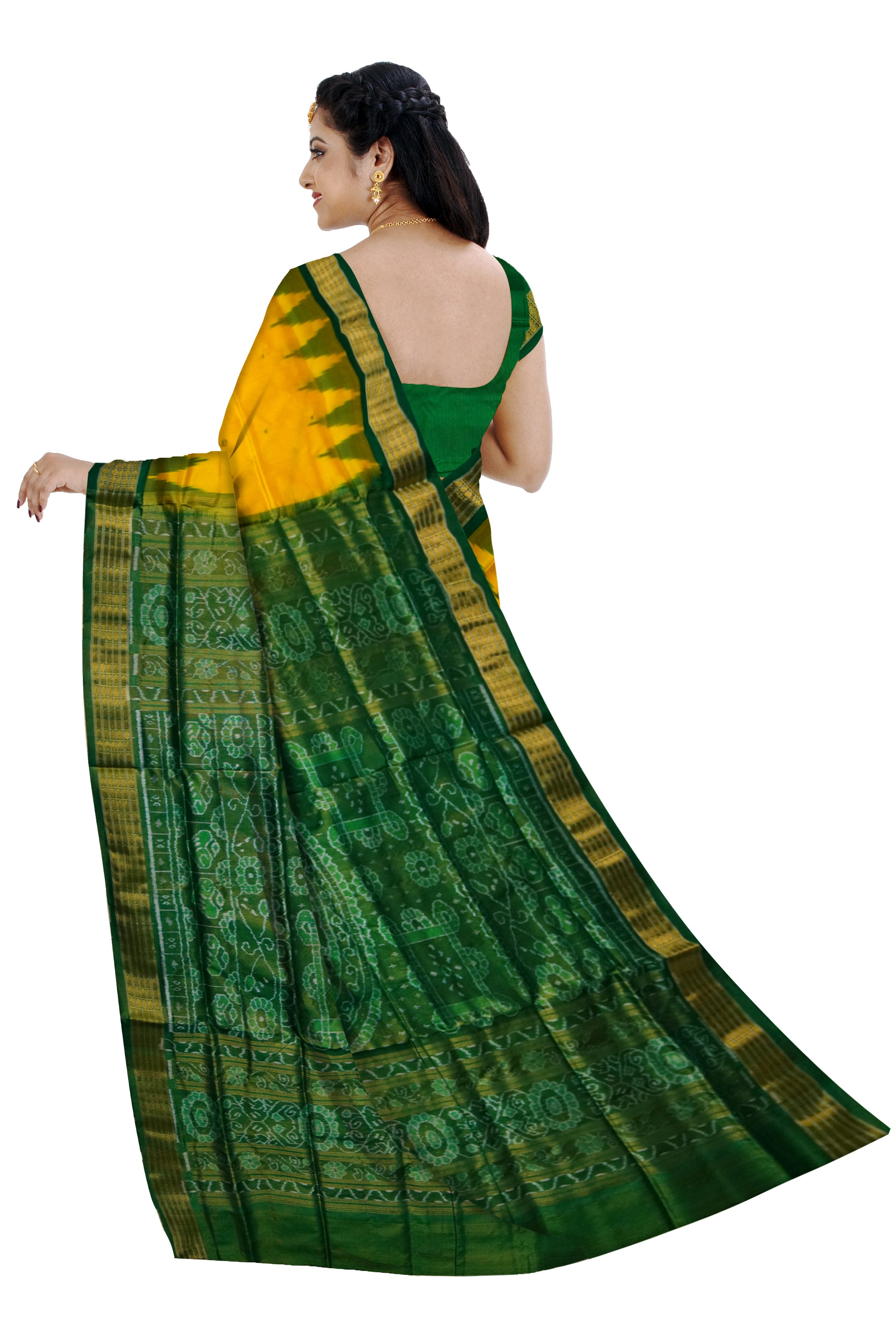 Yellow and Green color pure silk with tissue work Sambalpuri pata saree. - Koshali Arts & Crafts Enterprise