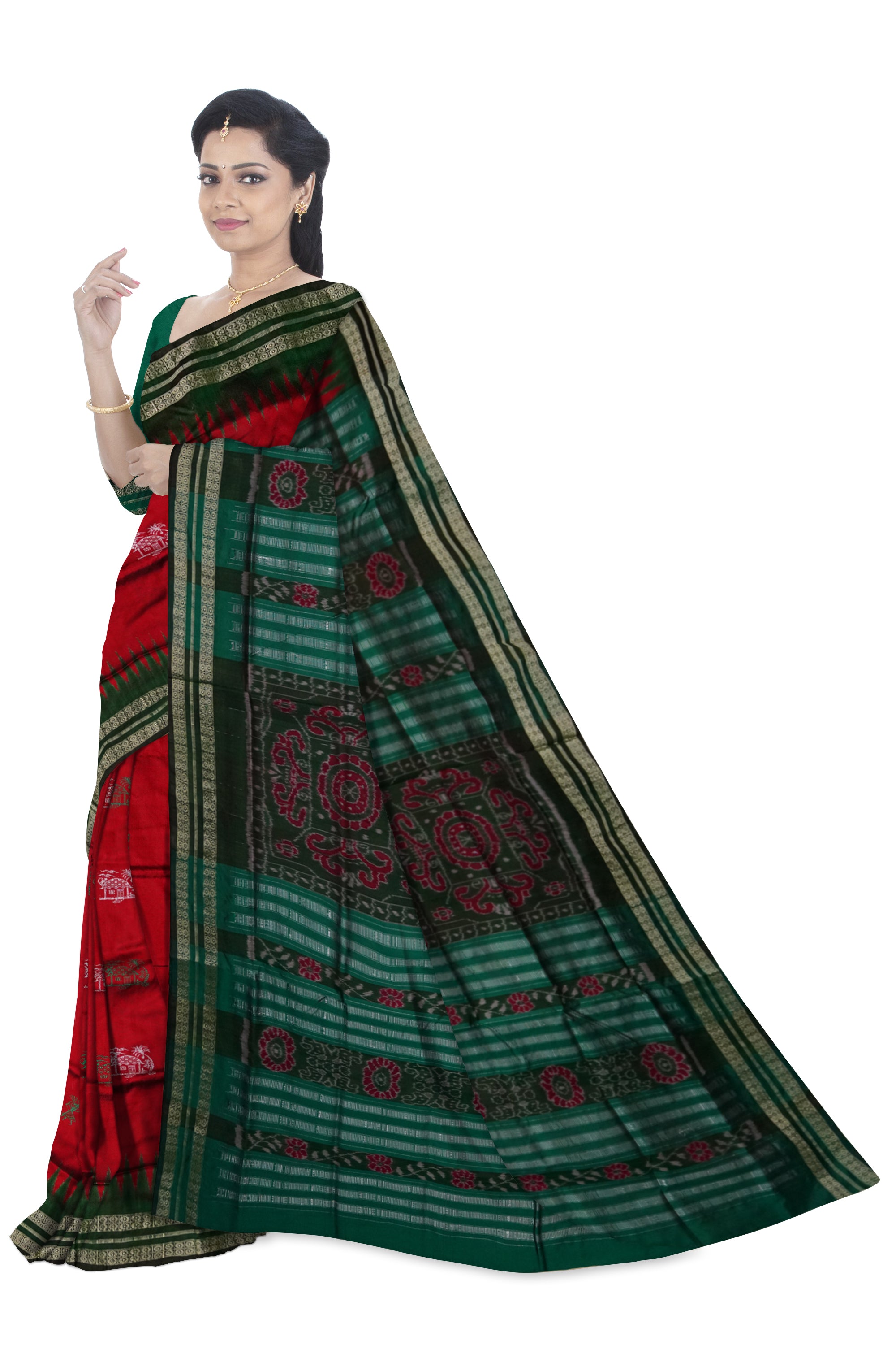 Maroon and Green color Sambalpuri pata saree is design like small house with terracotta pattern. - Koshali Arts & Crafts Enterprise