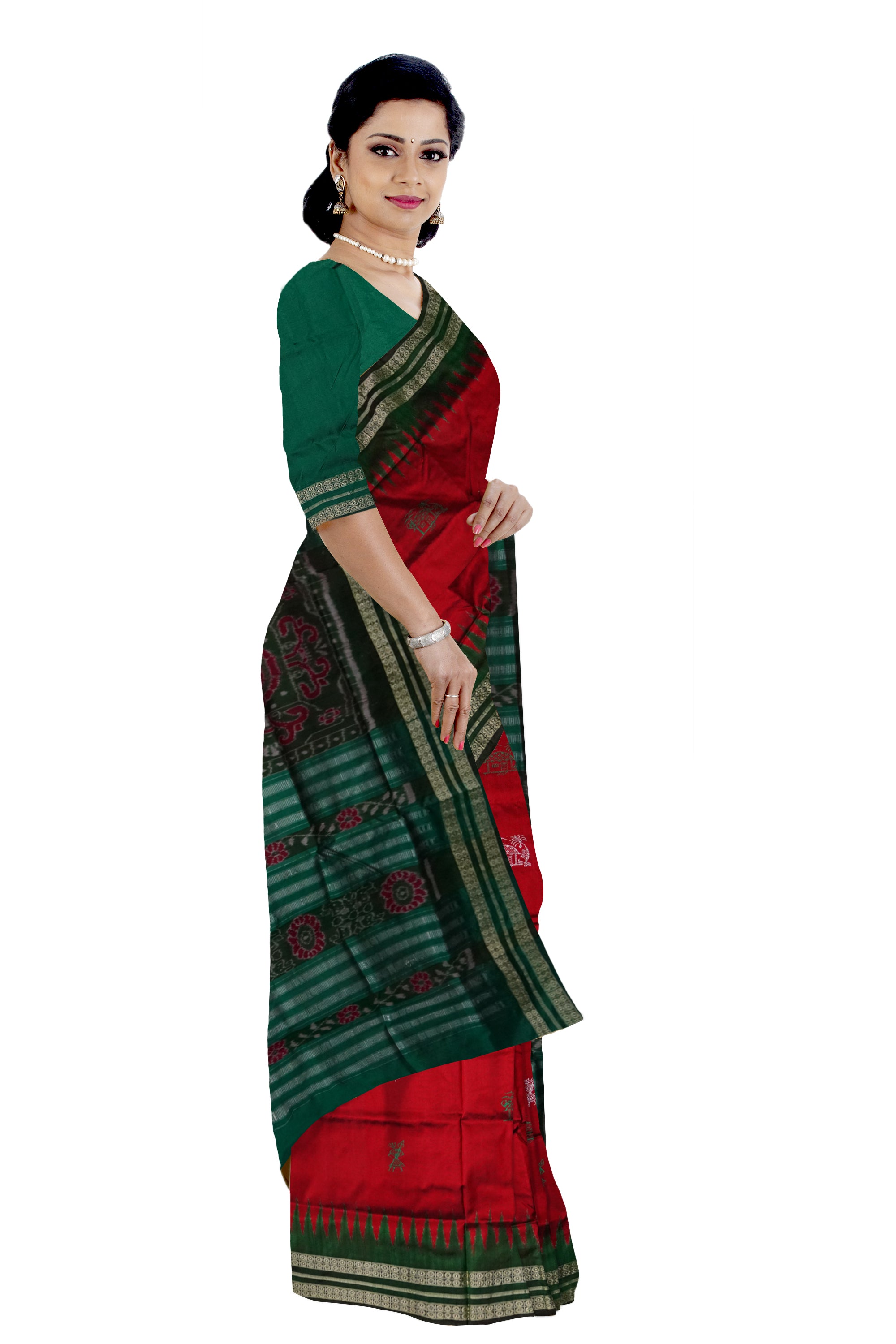 Maroon and Green color Sambalpuri pata saree is design like small house with terracotta pattern. - Koshali Arts & Crafts Enterprise