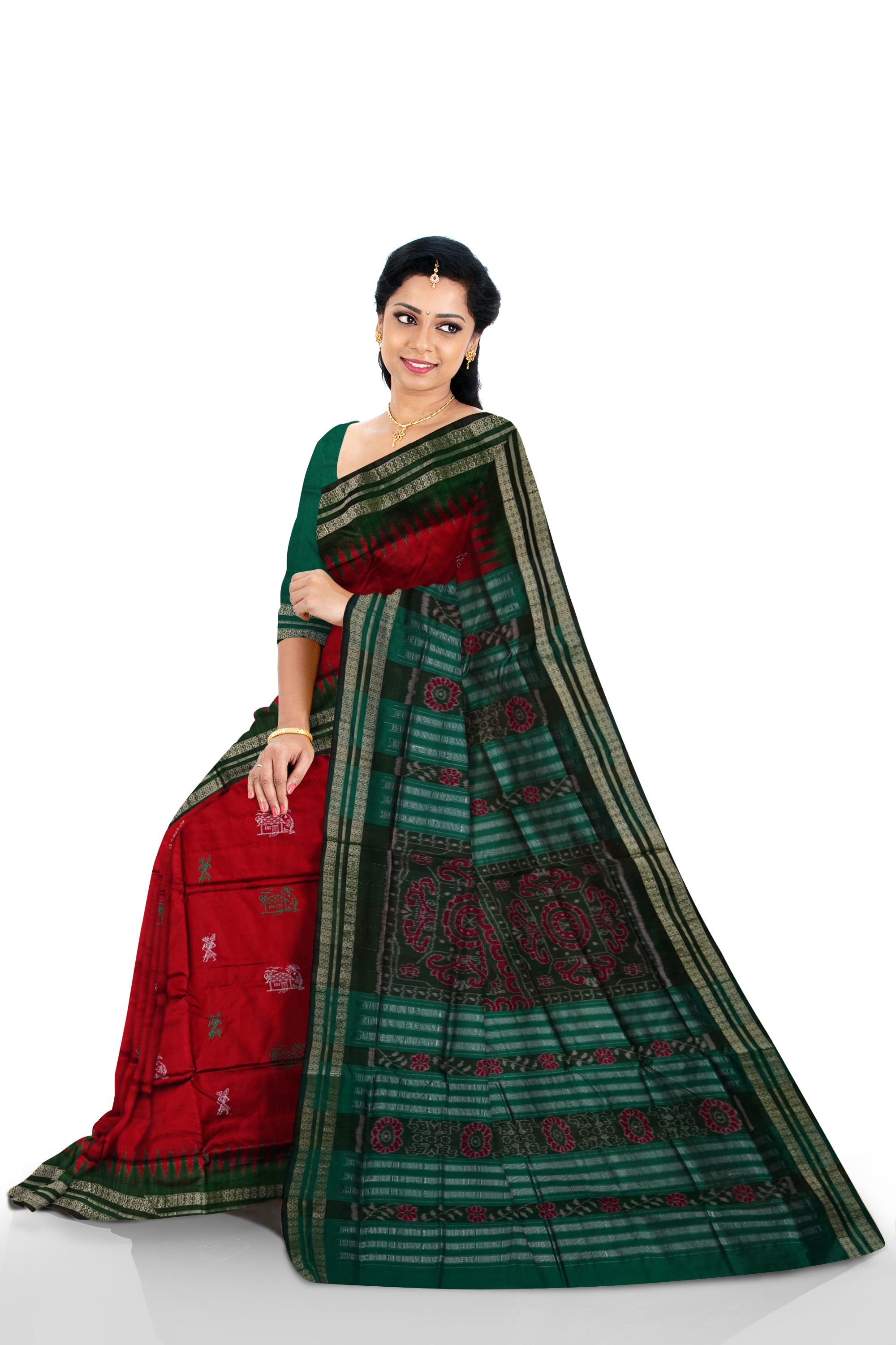 Maroon and Green color Sambalpuri pata saree is design like small house with terracotta pattern. - Koshali Arts & Crafts Enterprise