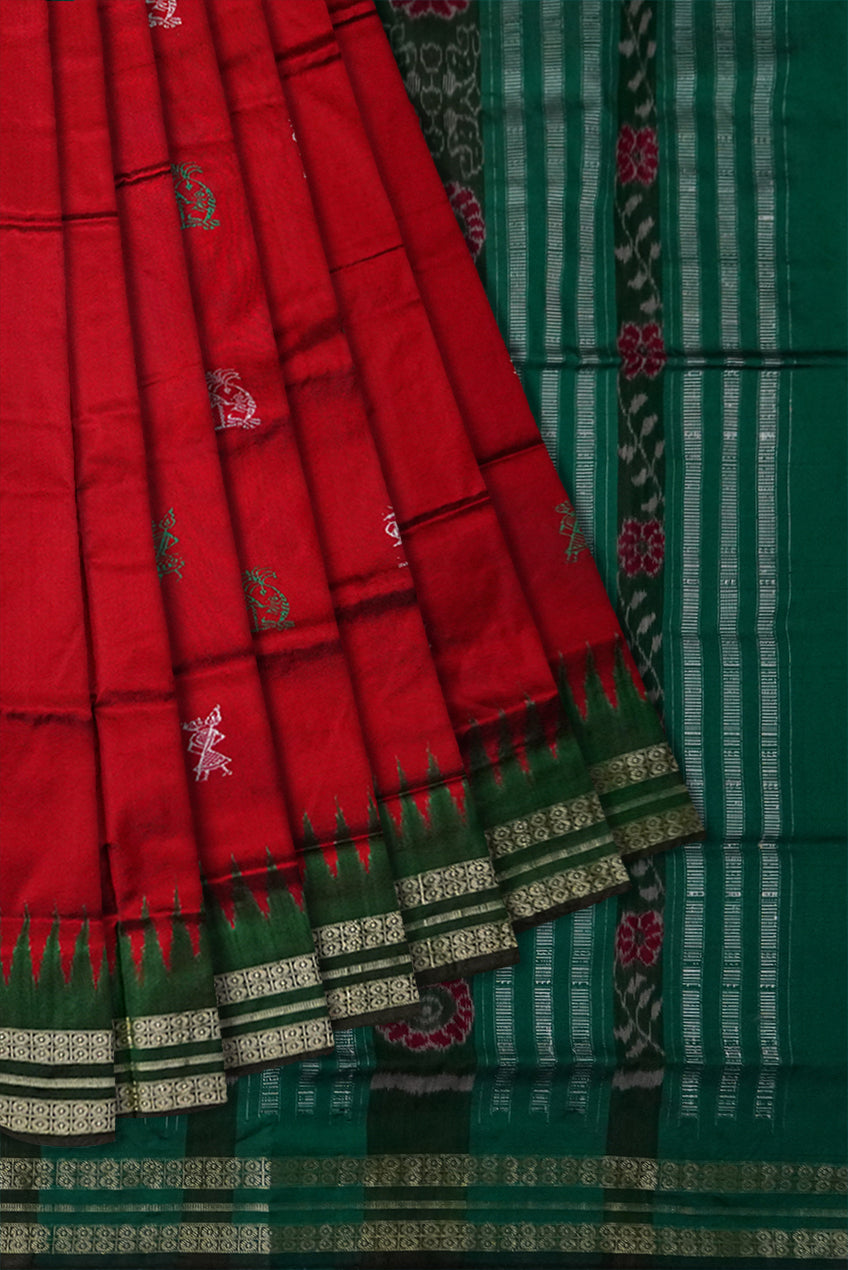 Maroon and Green color Sambalpuri pata saree is design like small house with terracotta pattern. - Koshali Arts & Crafts Enterprise