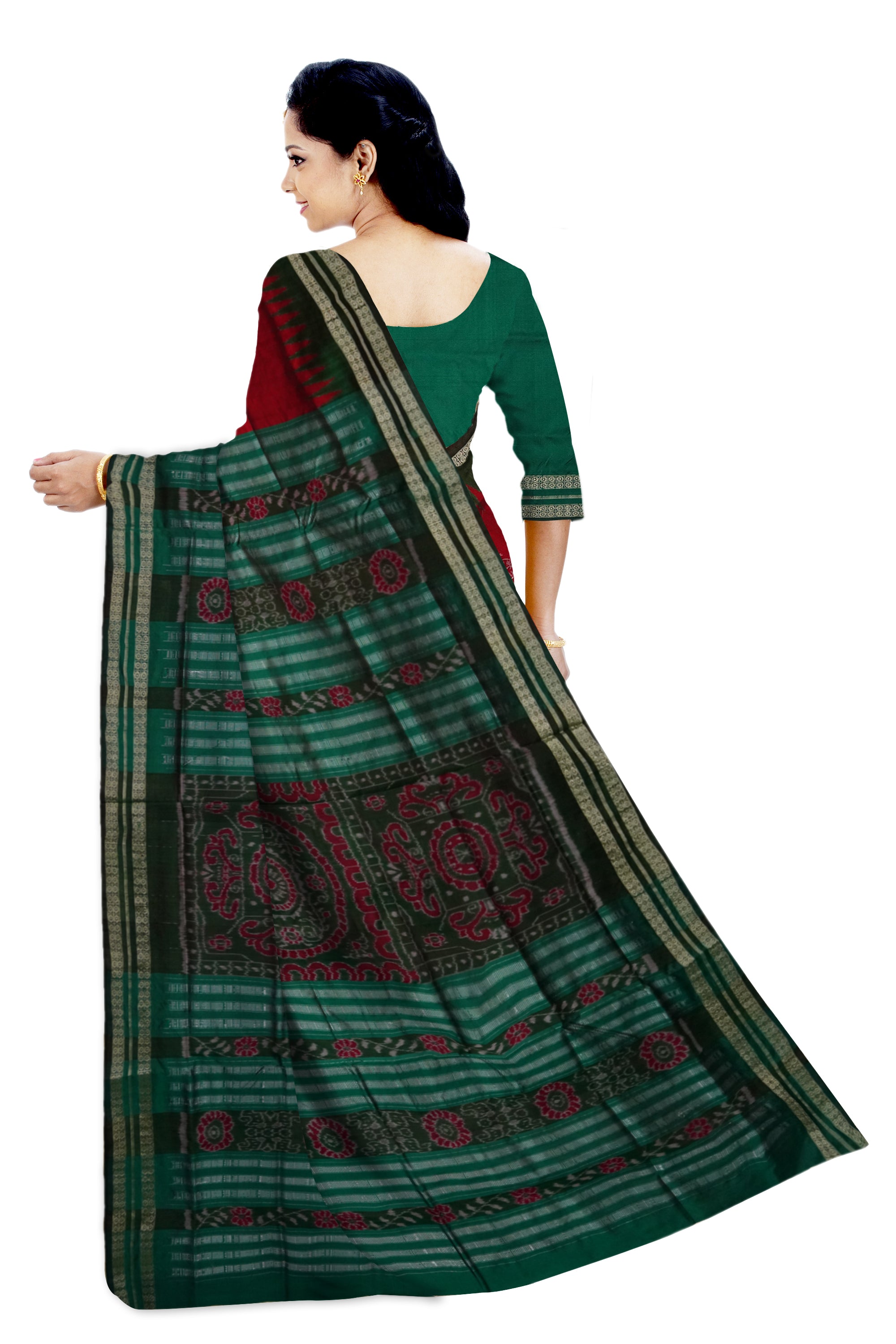 Maroon and Green color Sambalpuri pata saree is design like small house with terracotta pattern. - Koshali Arts & Crafts Enterprise
