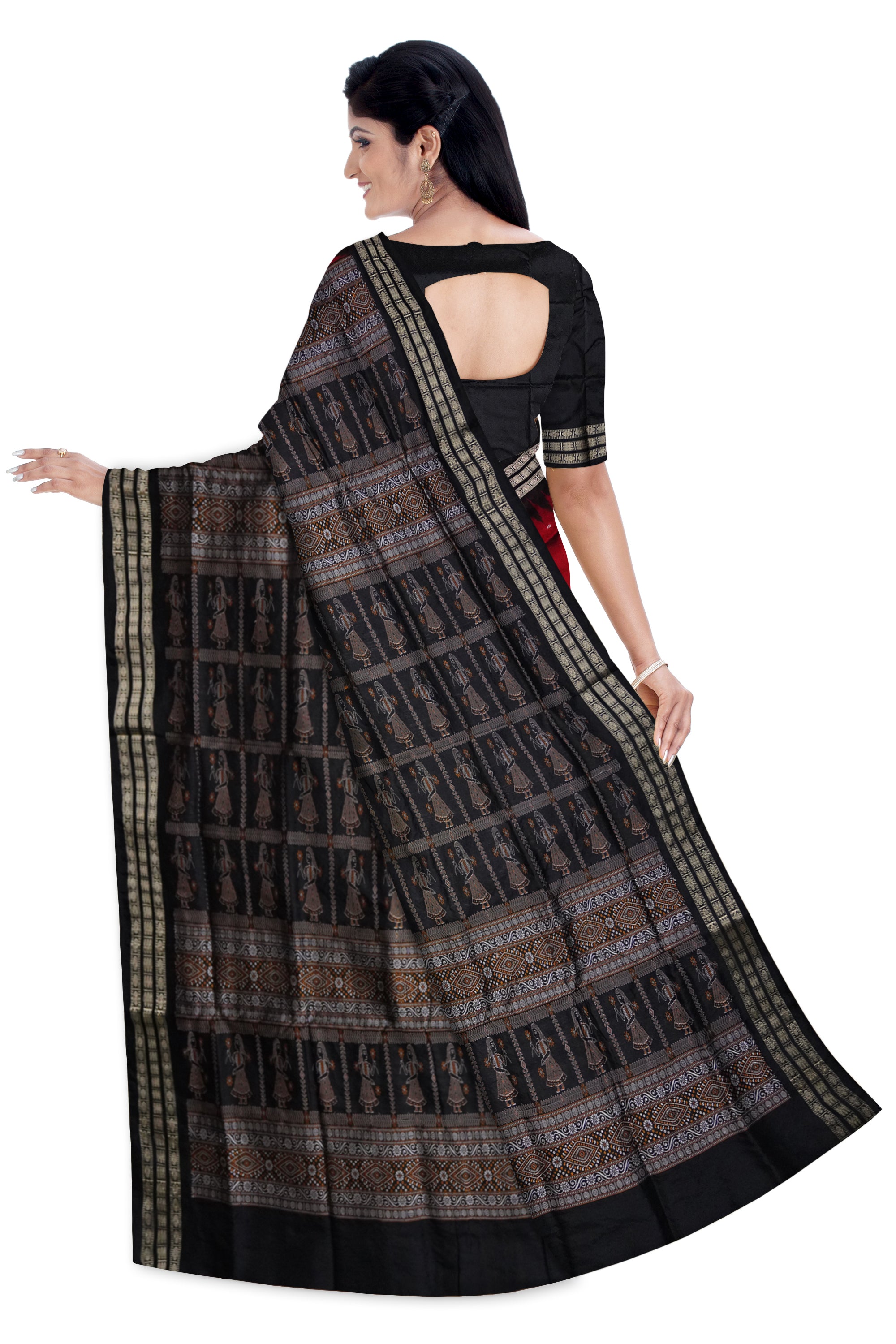 Small booty pattern with doll pallu Sambalpuri plain pata saree in Maroon and Black color. - Koshali Arts & Crafts Enterprise