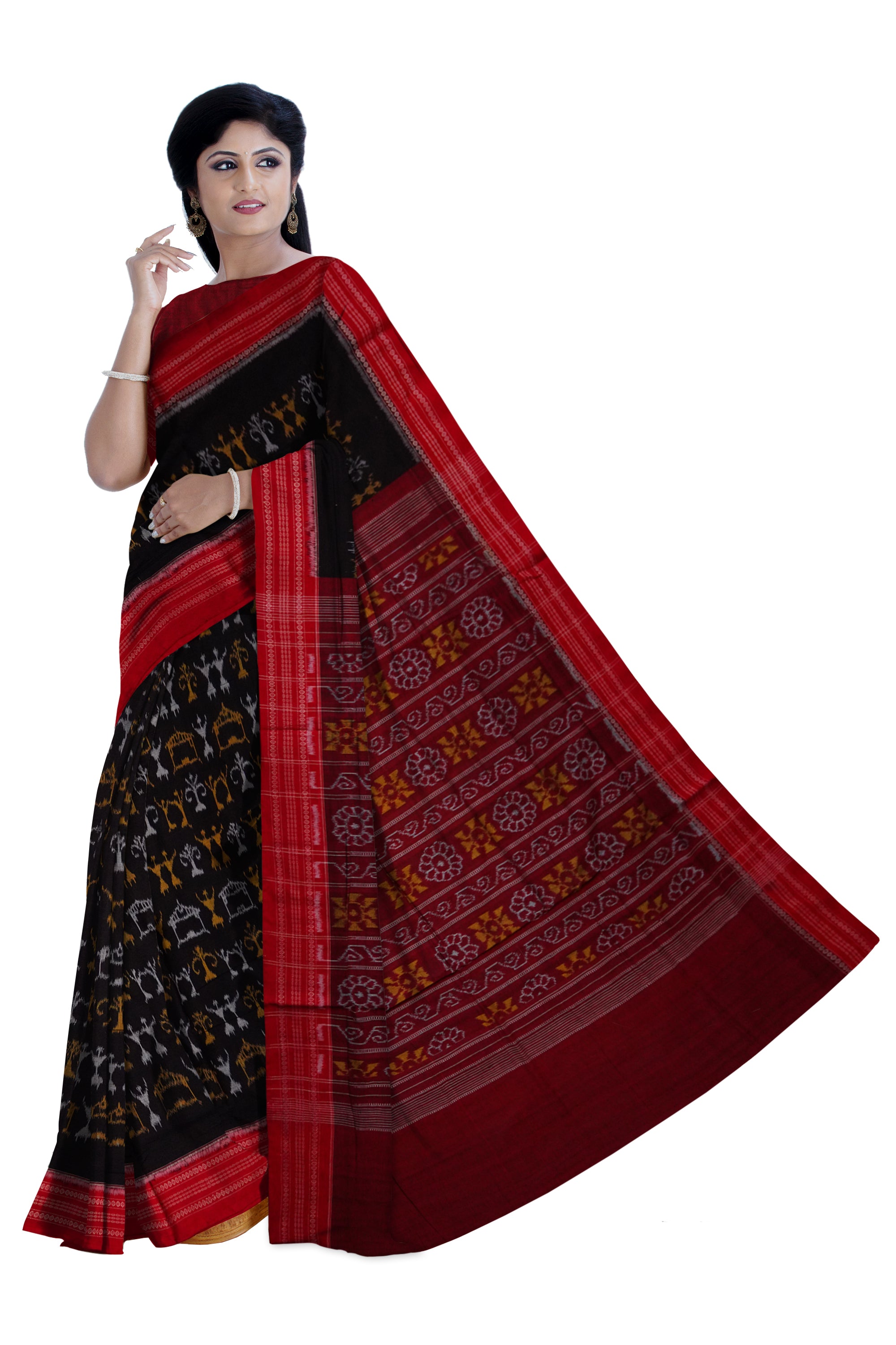 Black and maroon color whole body terracotta pattern pure Sambalpuri cotton saree. - Koshali Arts & Crafts Enterprise