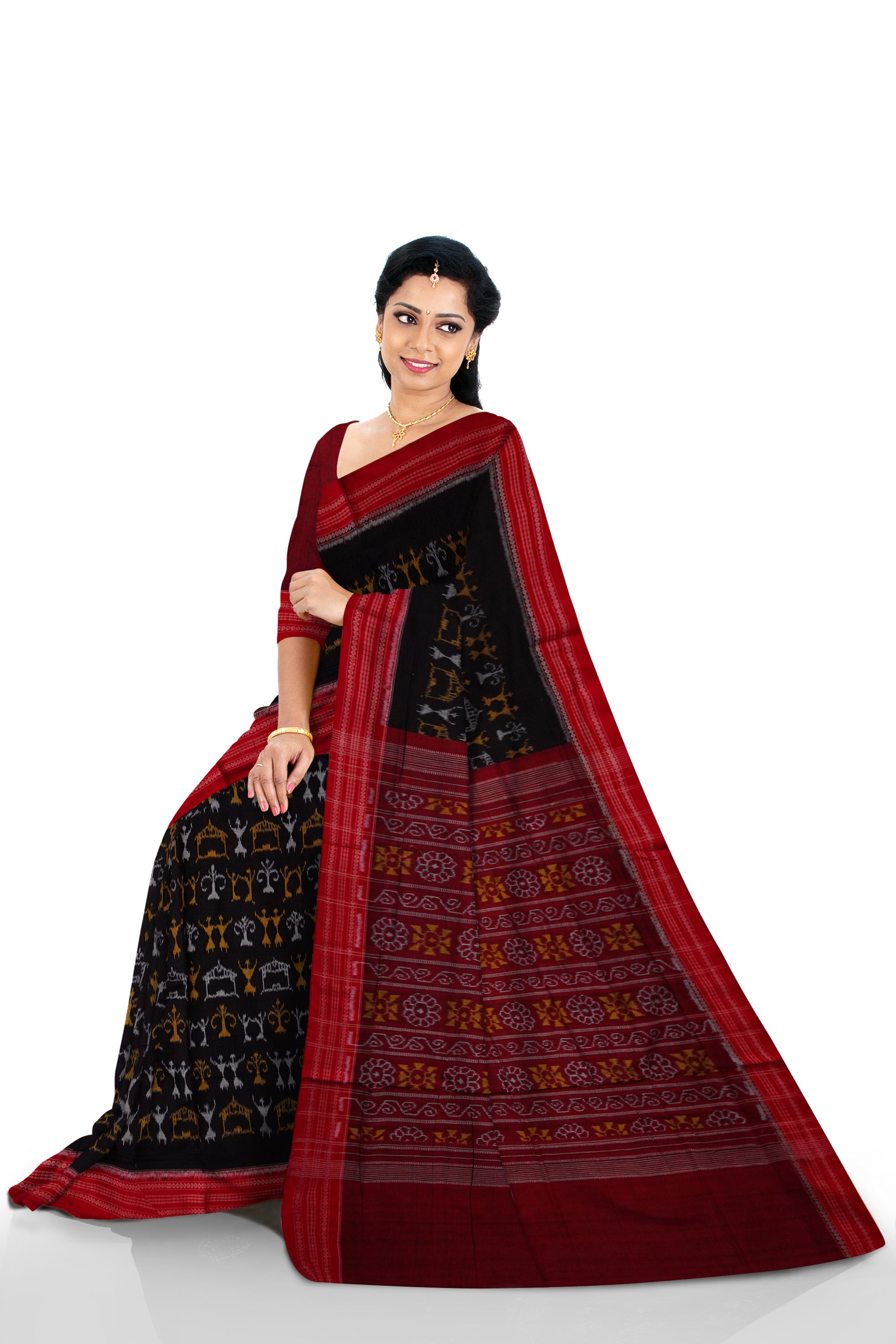 Black and maroon color whole body terracotta pattern pure Sambalpuri cotton saree. - Koshali Arts & Crafts Enterprise