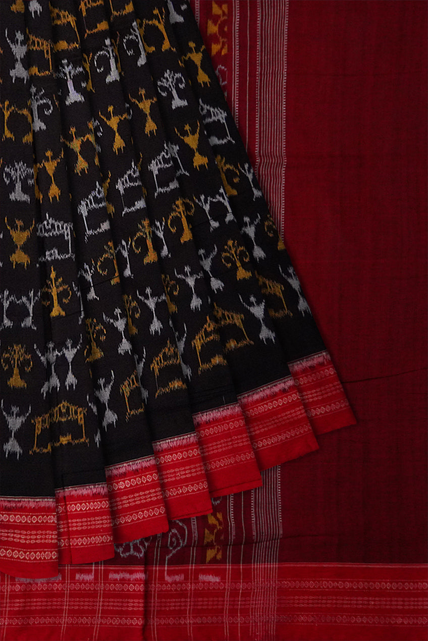 Black and maroon color whole body terracotta pattern pure Sambalpuri cotton saree. - Koshali Arts & Crafts Enterprise