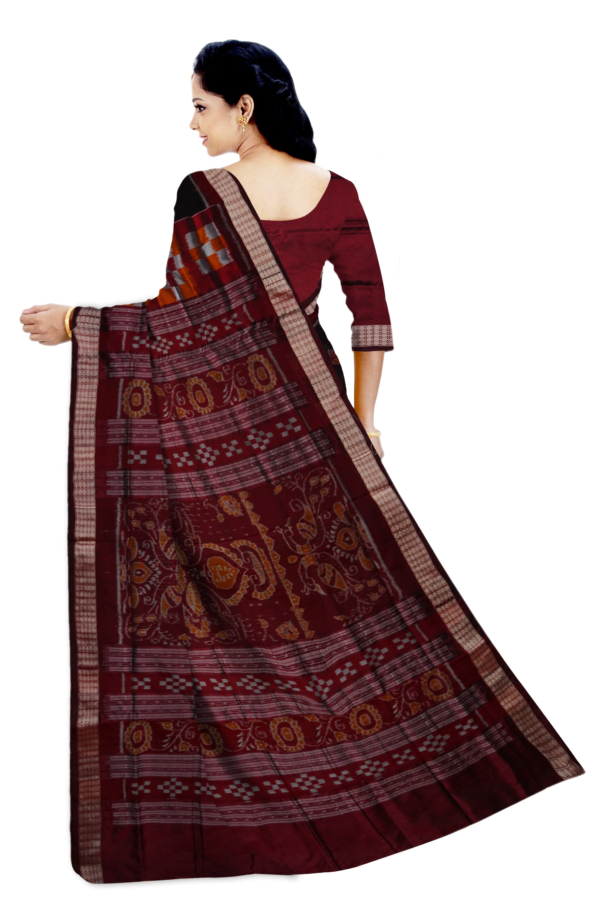 Konarka with Pasapali design Sambalpuri pata saree in Black,Orange and Coffee color. - Koshali Arts & Crafts Enterprise