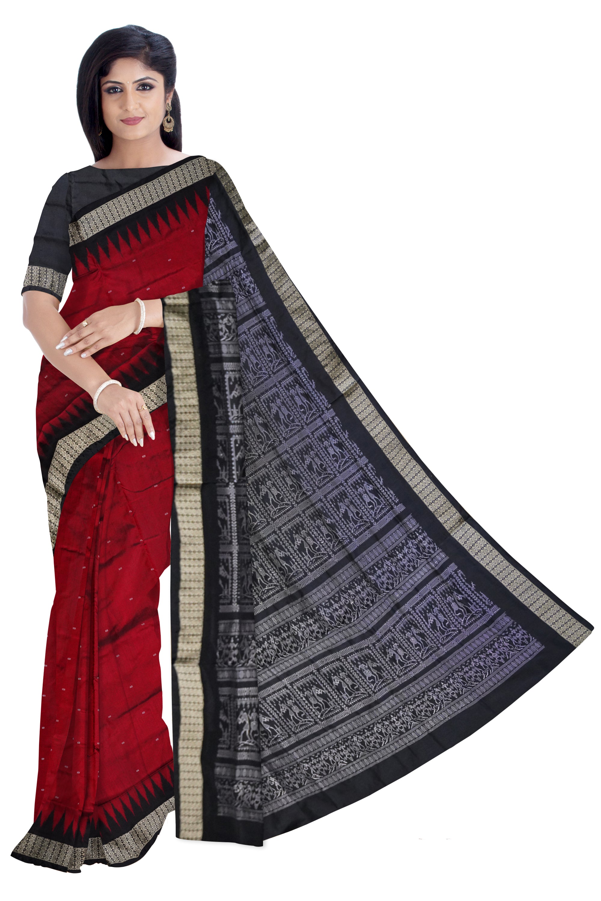 Maroon and Black color pallu terracotta pattern plain Sambalpuri pata saree. - Koshali Arts & Crafts Enterprise