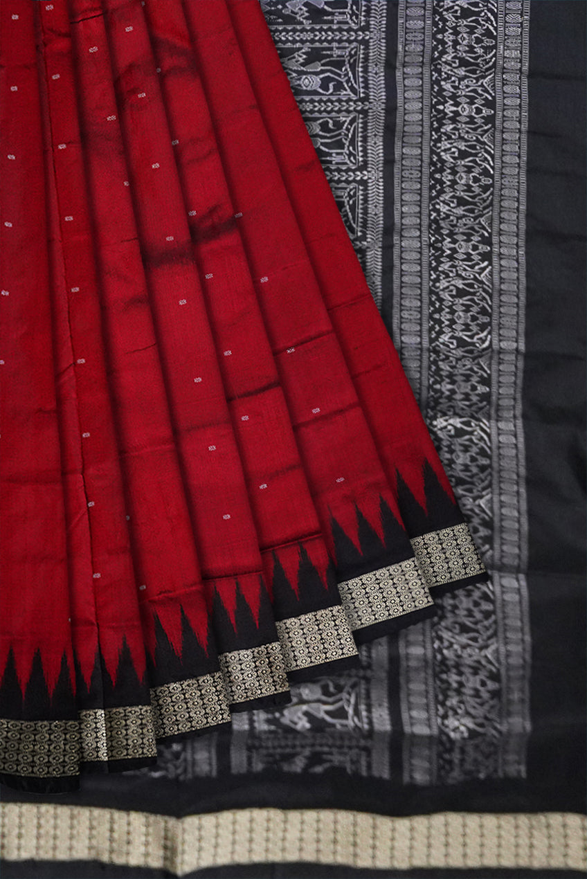 Maroon and Black color pallu terracotta pattern plain Sambalpuri pata saree. - Koshali Arts & Crafts Enterprise