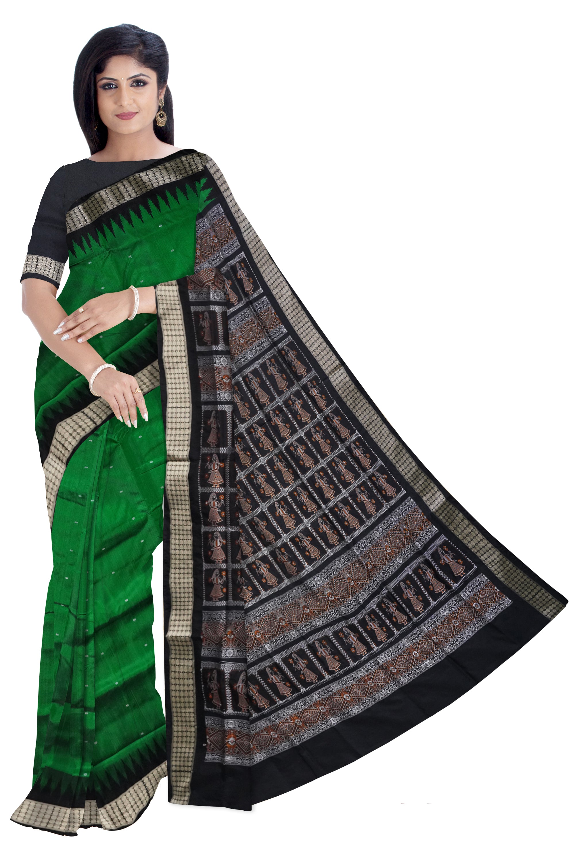 Sambalpuri latest doll pattern pallu, plain botty pattern pata saree in Green & Black color. - Koshali Arts & Crafts Enterprise