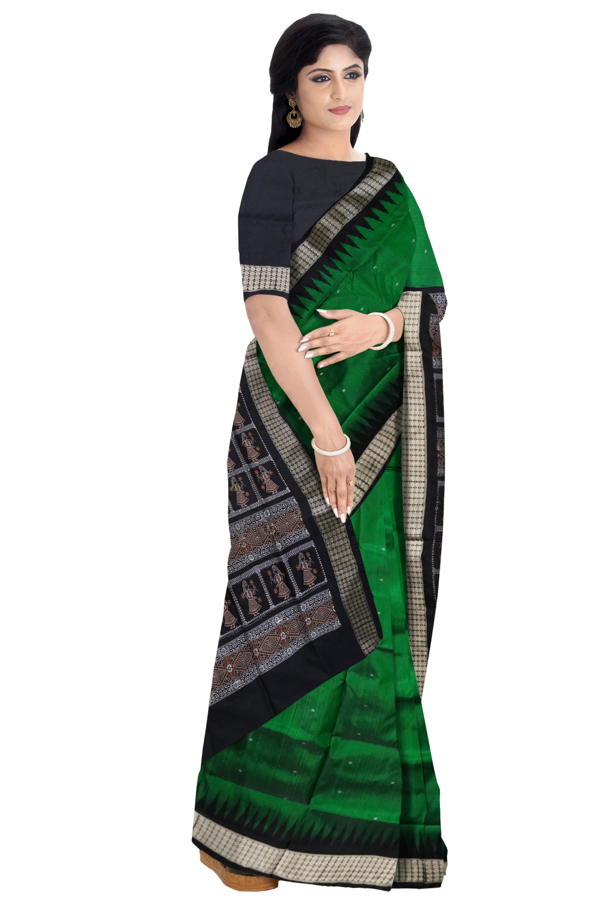 Sambalpuri latest doll pattern pallu, plain botty pattern pata saree in Green & Black color. - Koshali Arts & Crafts Enterprise