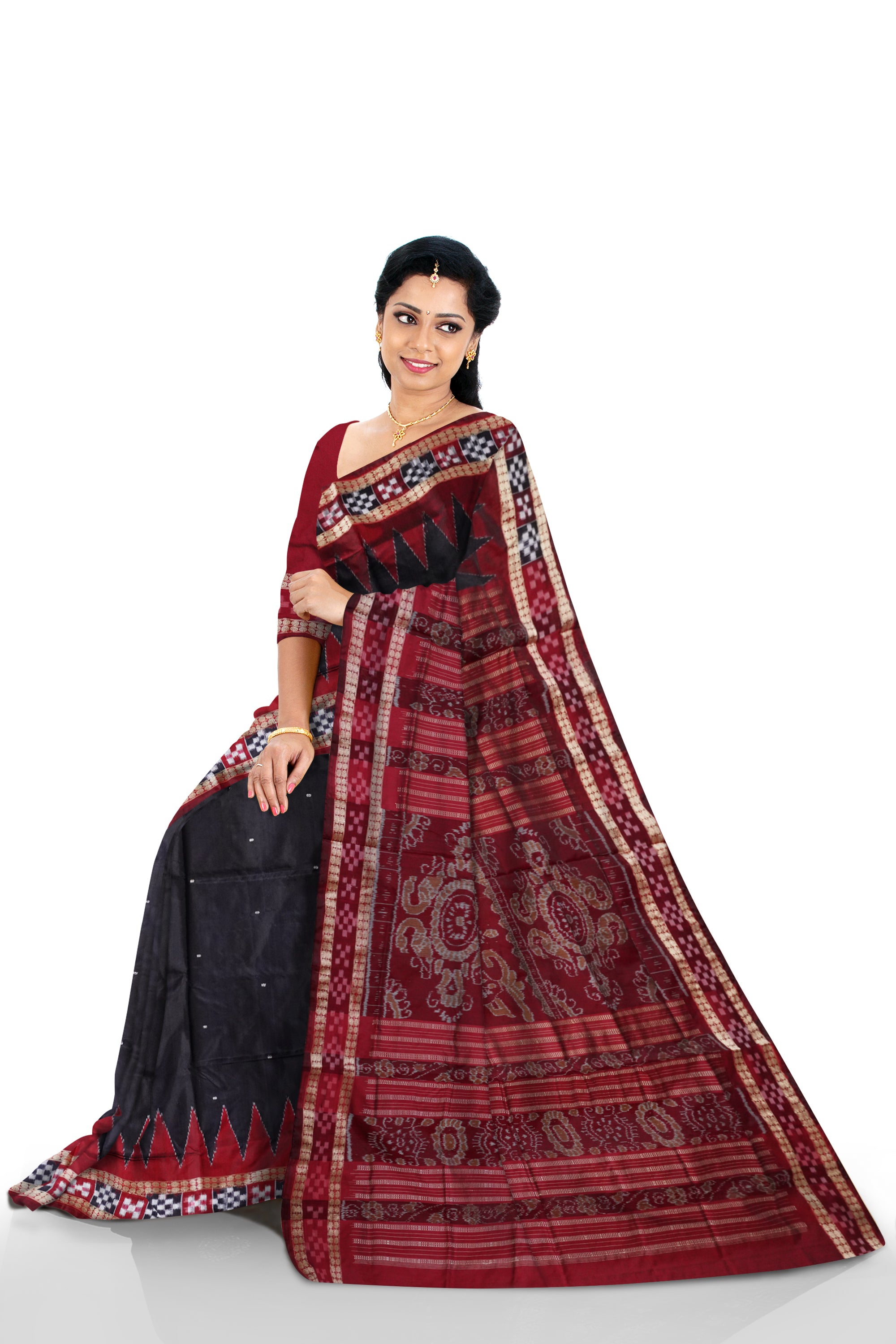Black & Maroon color pasapali border pata sambalpuri pata saree. - Koshali Arts & Crafts Enterprise