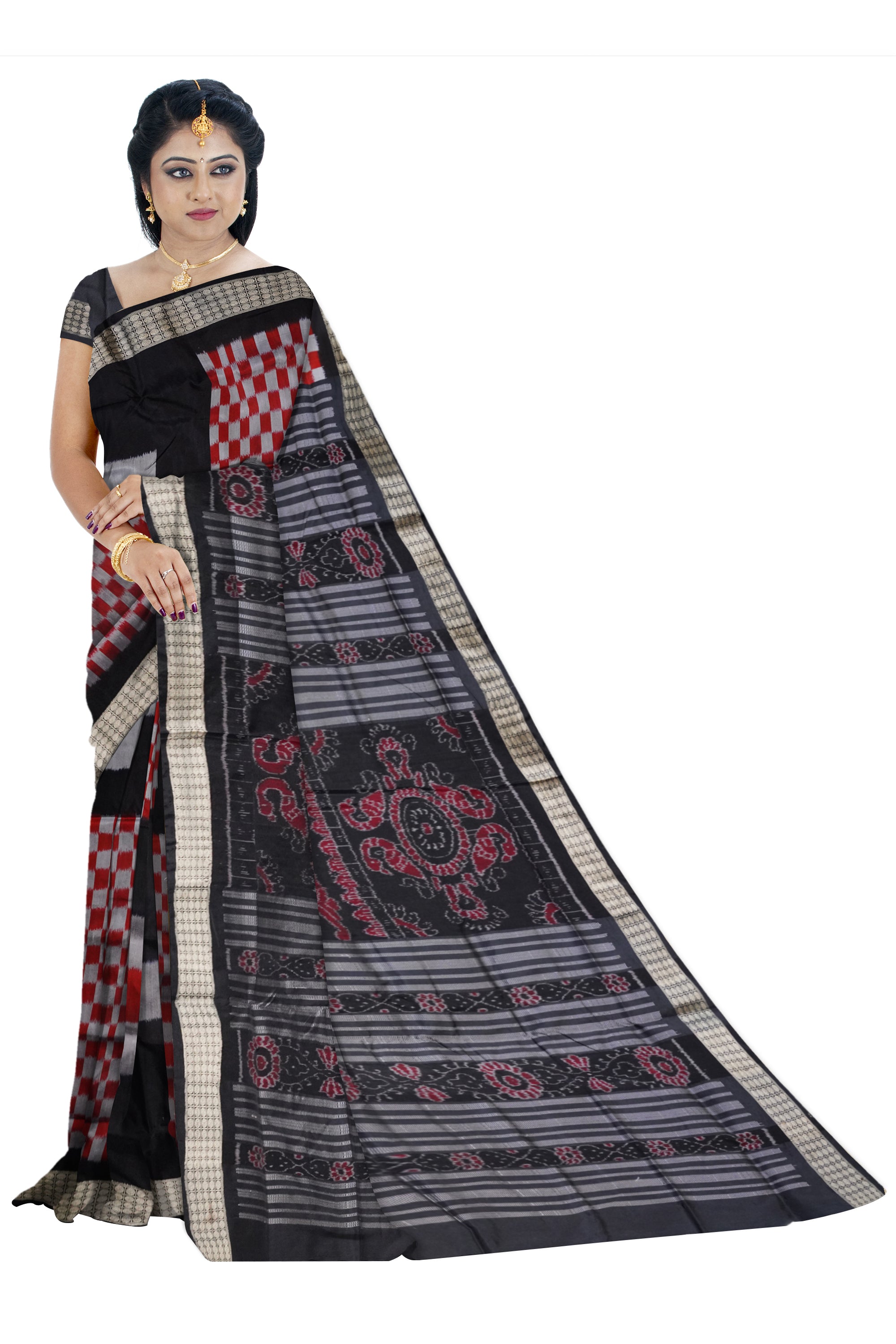 Maroon, silver with Black color big pasapali with square pattern Sambalpuri pata saree. - Koshali Arts & Crafts Enterprise