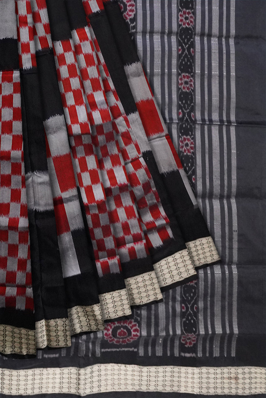 Maroon, silver with Black color big pasapali with square pattern Sambalpuri pata saree. - Koshali Arts & Crafts Enterprise
