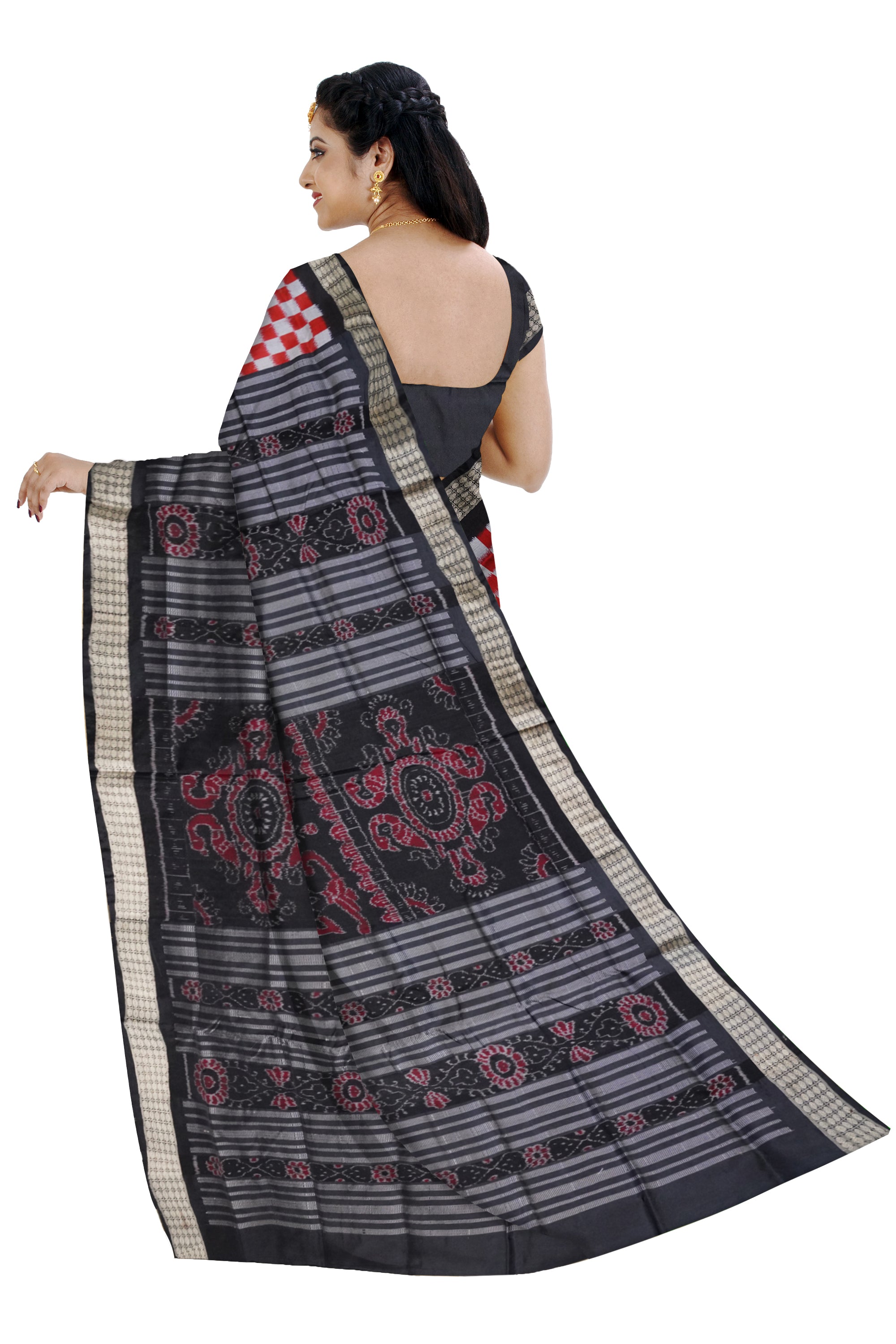 Maroon, silver with Black color big pasapali with square pattern Sambalpuri pata saree. - Koshali Arts & Crafts Enterprise