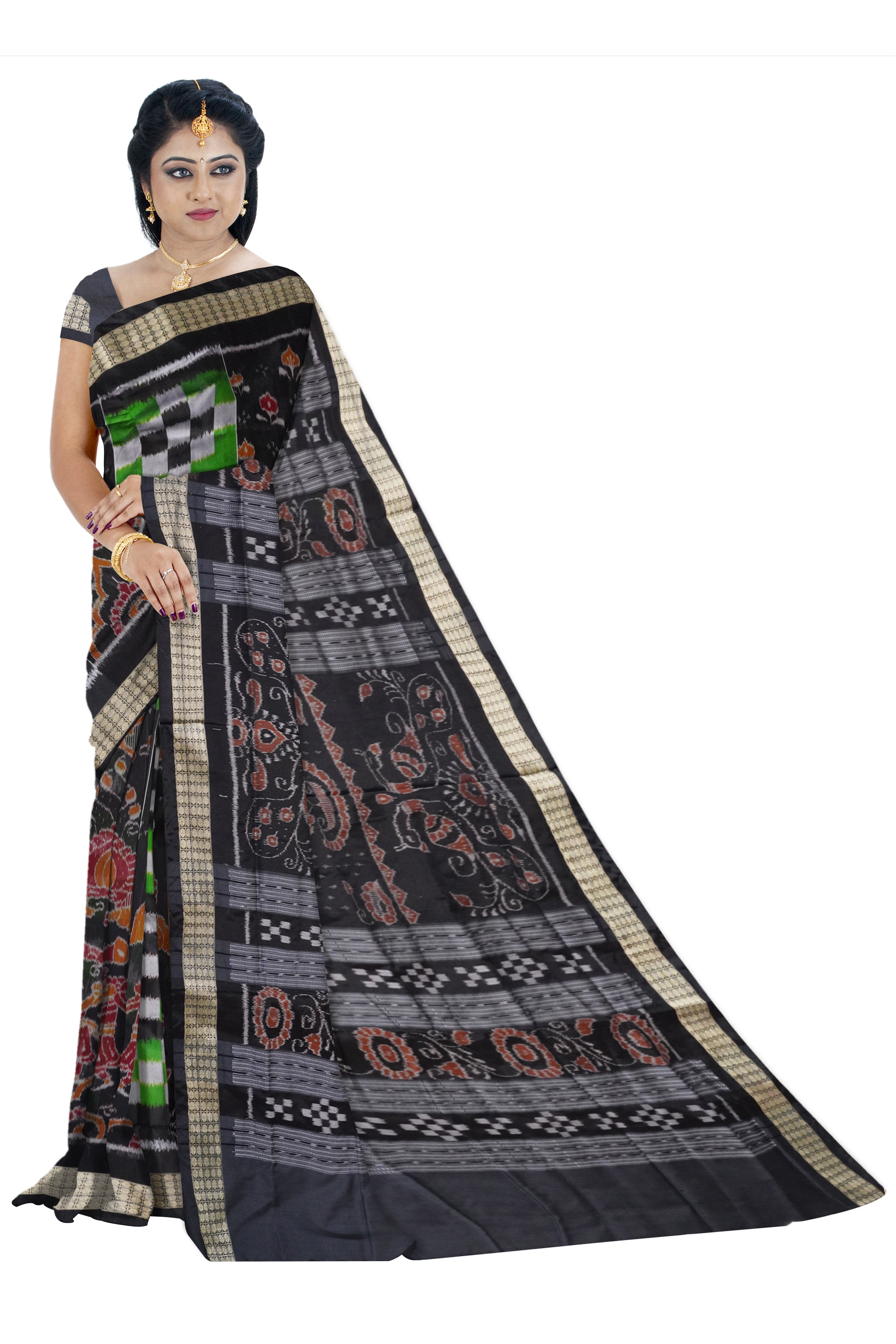 Pere pere design Nartaki with pasapali pattern Sambalpuri pata saree in green and black color. - Koshali Arts & Crafts Enterprise