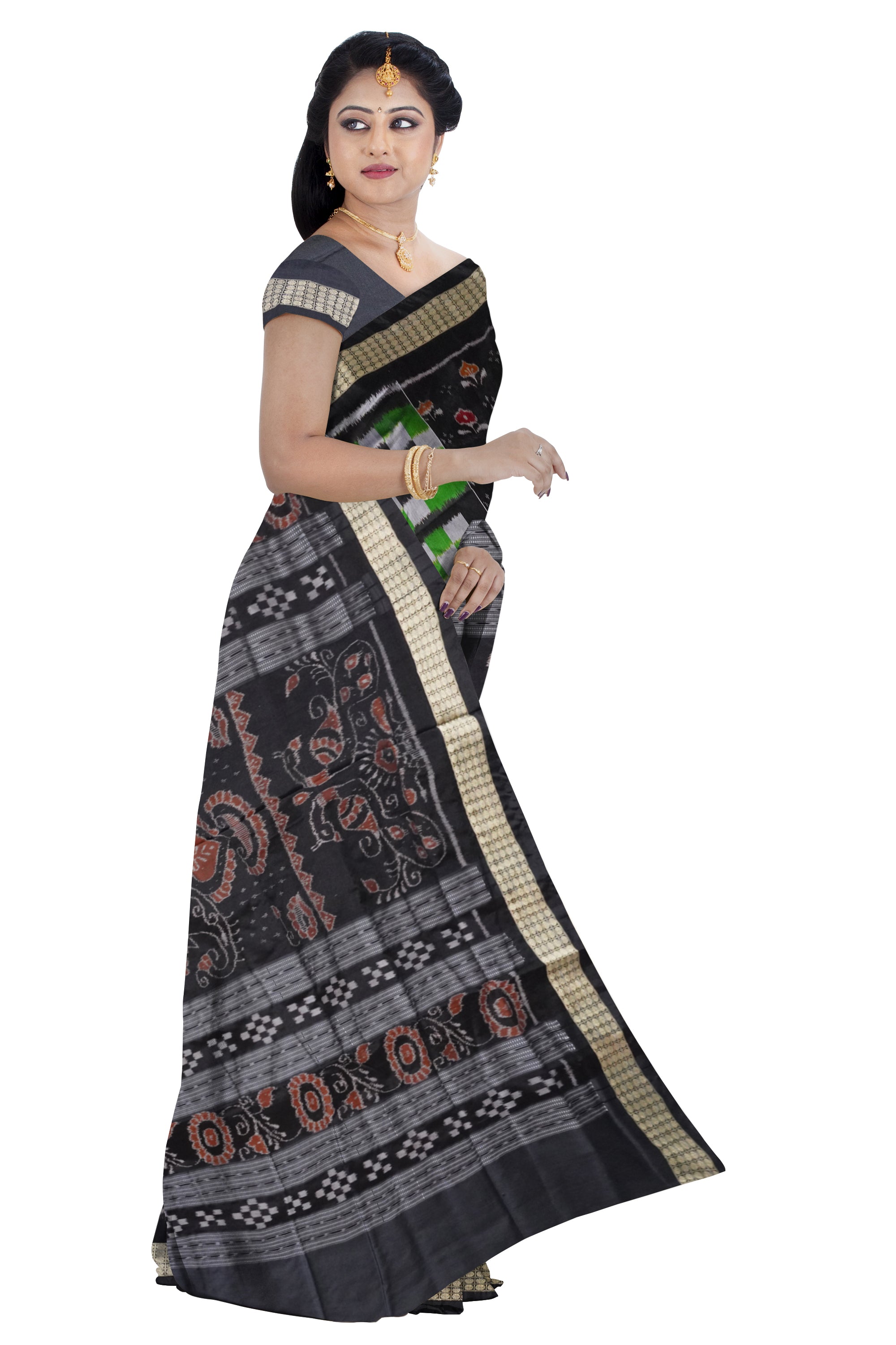 Pere pere design Nartaki with pasapali pattern Sambalpuri pata saree in green and black color. - Koshali Arts & Crafts Enterprise