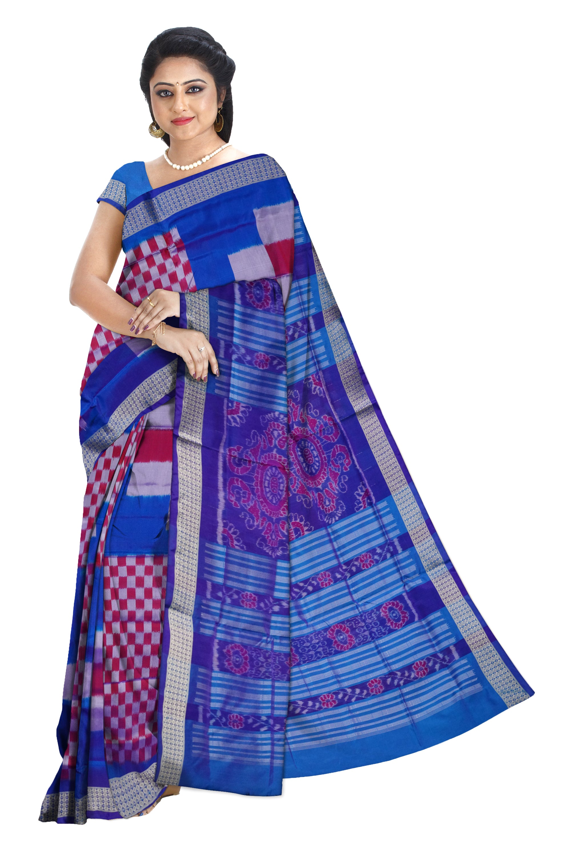 Sky-blue & maroon Sambalpuri pata saree, bandha pallu, matching blouse. - Koshali Arts & Crafts Enterprise