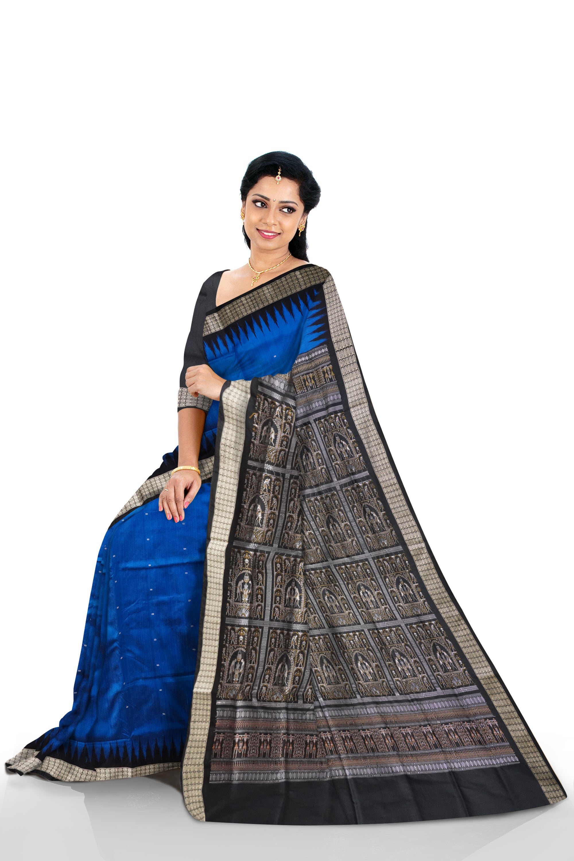 Blue and black pata saree, terracotta bomkei pallu, elegant and versatile. - Koshali Arts & Crafts Enterprise