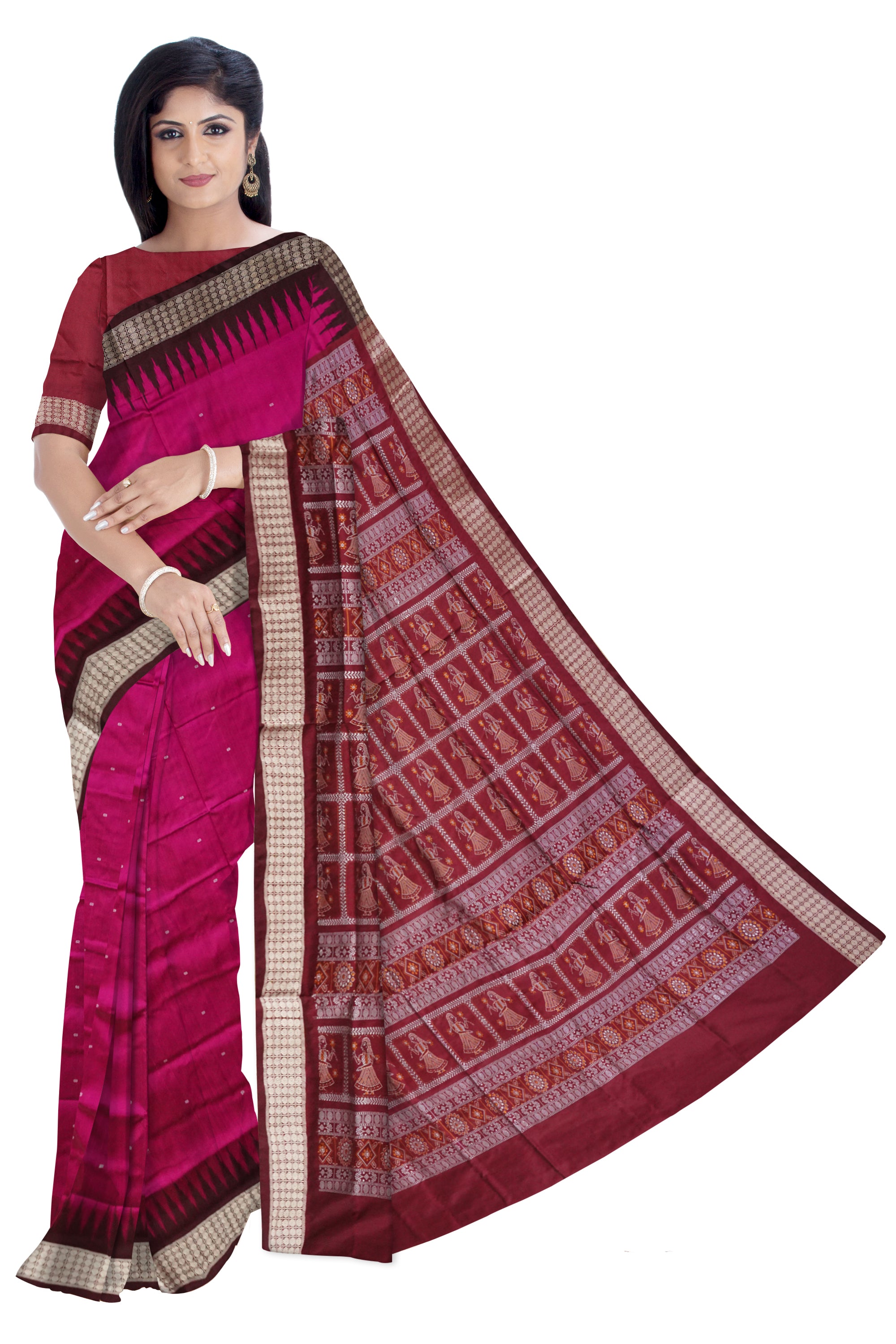 Pink and maroon pata saree, doll pattern pallu, matching blouse included. - Koshali Arts & Crafts Enterprise