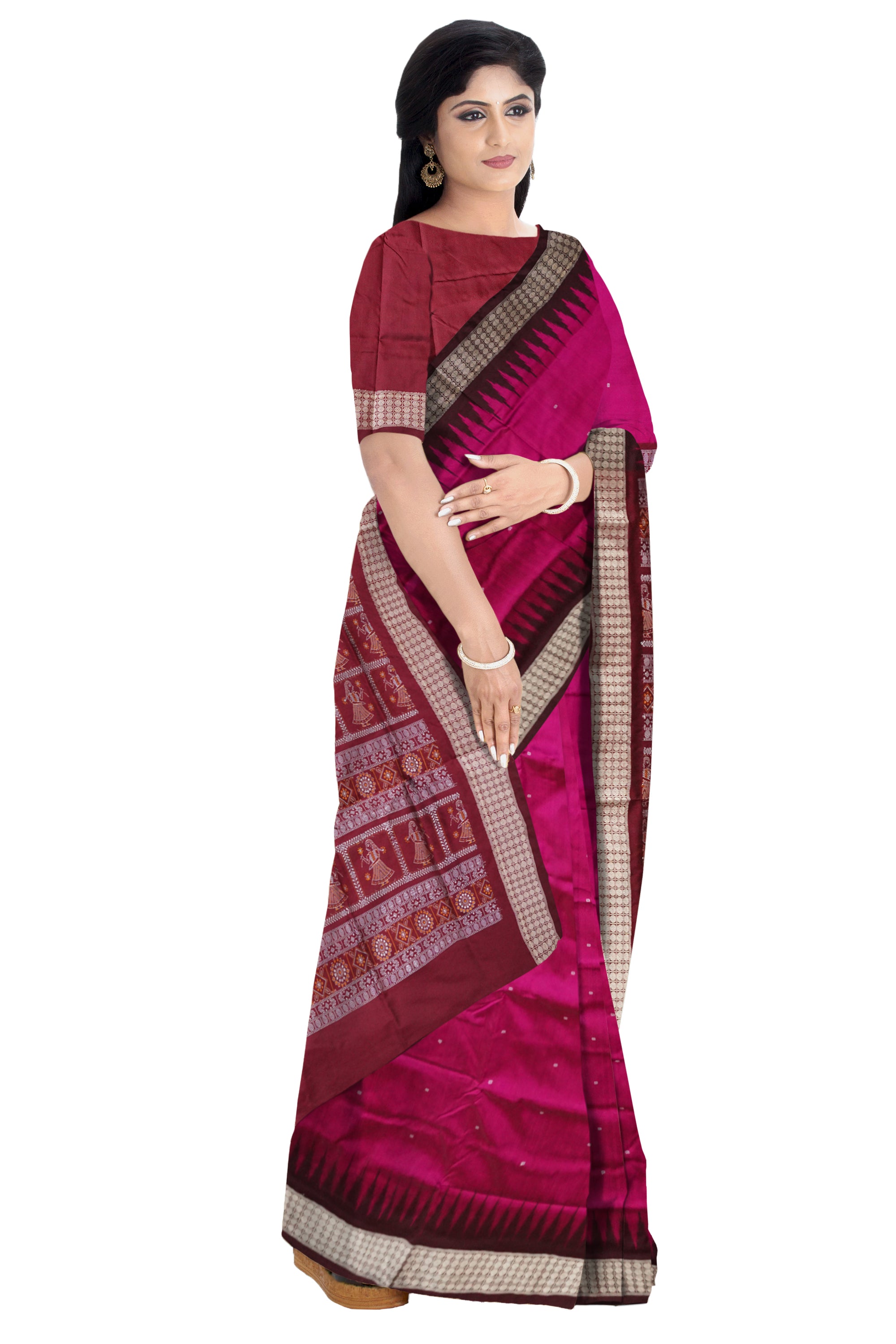 Pink and maroon pata saree, doll pattern pallu, matching blouse included. - Koshali Arts & Crafts Enterprise