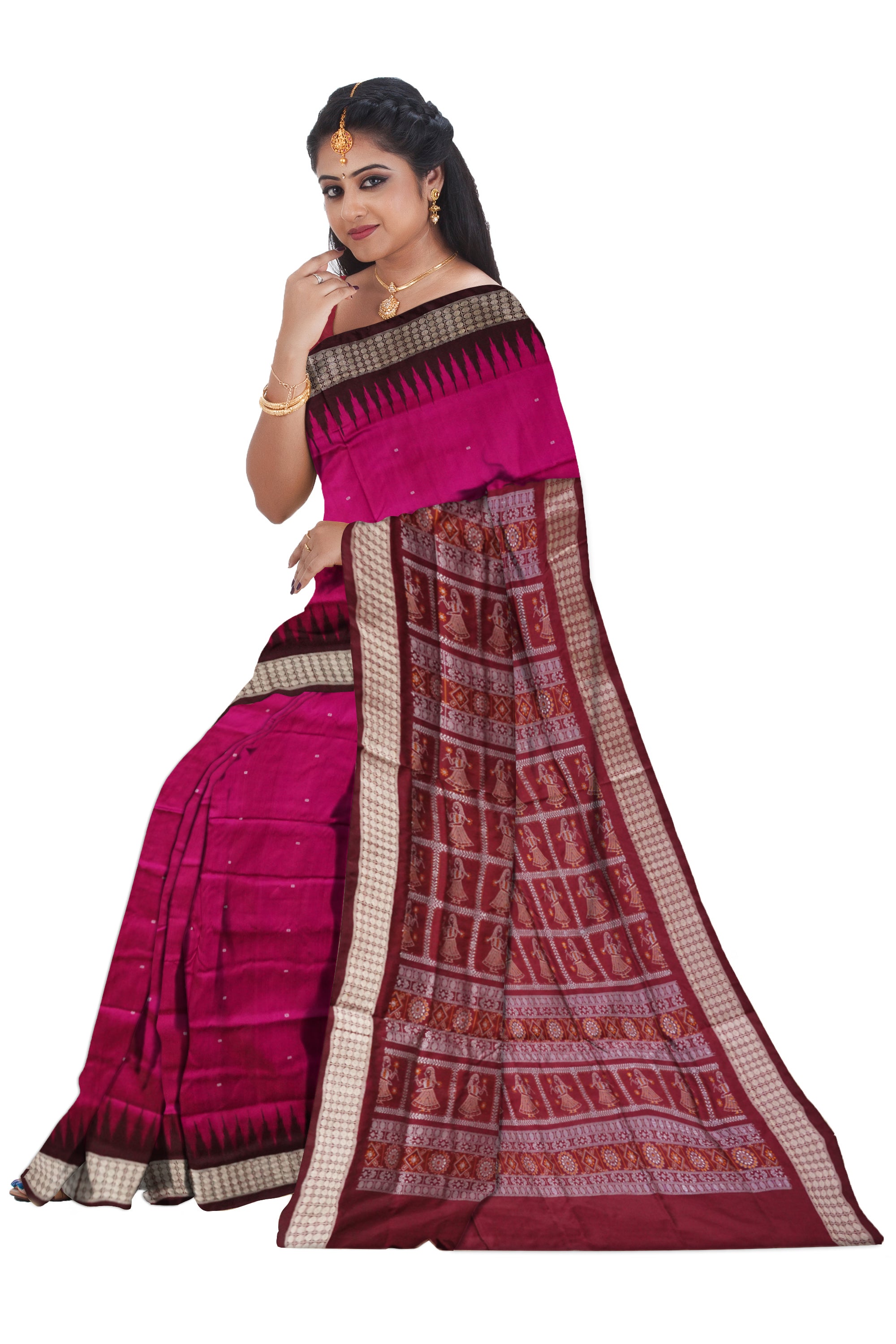 Pink and maroon pata saree, doll pattern pallu, matching blouse included. - Koshali Arts & Crafts Enterprise