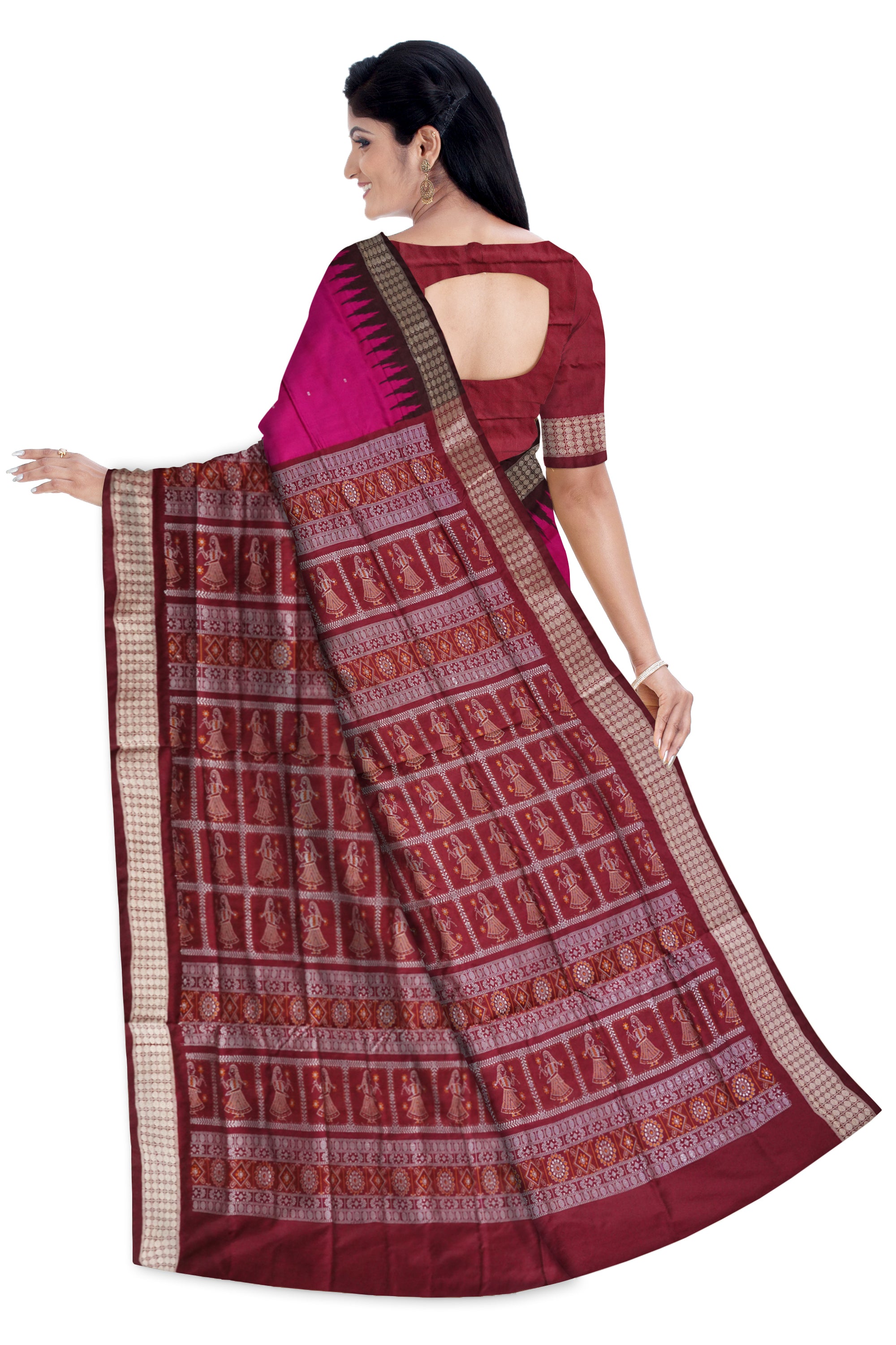 Pink and maroon pata saree, doll pattern pallu, matching blouse included. - Koshali Arts & Crafts Enterprise