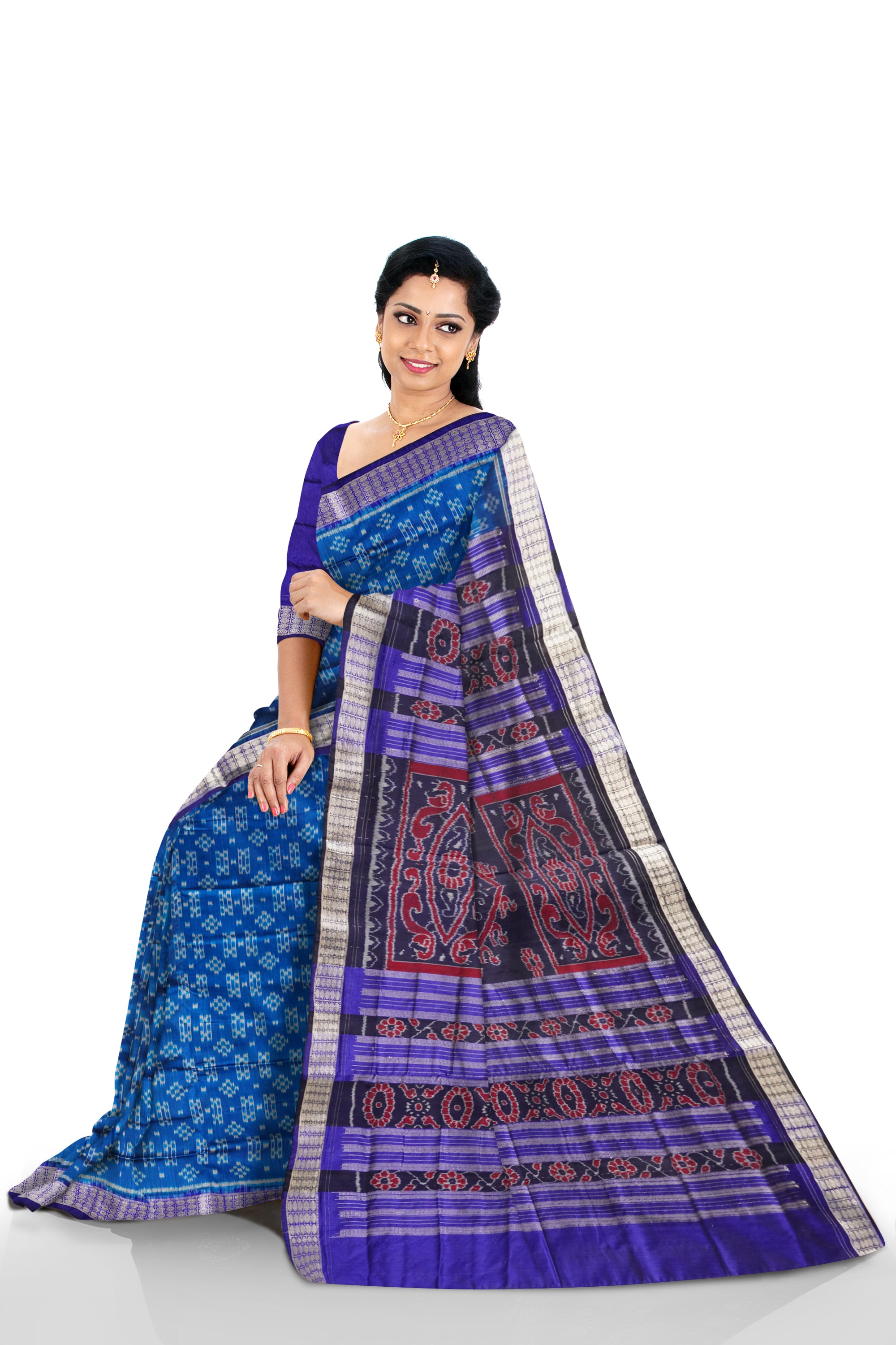 Sky blue and purple pasapali pattern Sambalpuri pata saree, adorned with peacock and flowers pallu, perfect for all occasions. - Koshali Arts & Crafts Enterprise