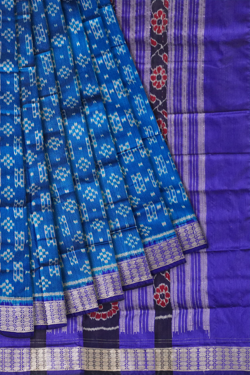 Sky blue and purple pasapali pattern Sambalpuri pata saree, adorned with peacock and flowers pallu, perfect for all occasions. - Koshali Arts & Crafts Enterprise