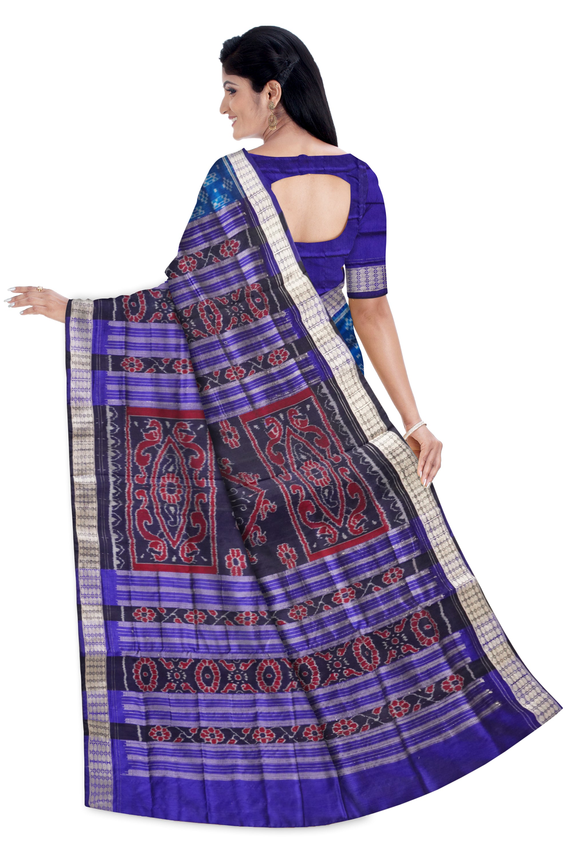 Sky blue and purple pasapali pattern Sambalpuri pata saree, adorned with peacock and flowers pallu, perfect for all occasions. - Koshali Arts & Crafts Enterprise