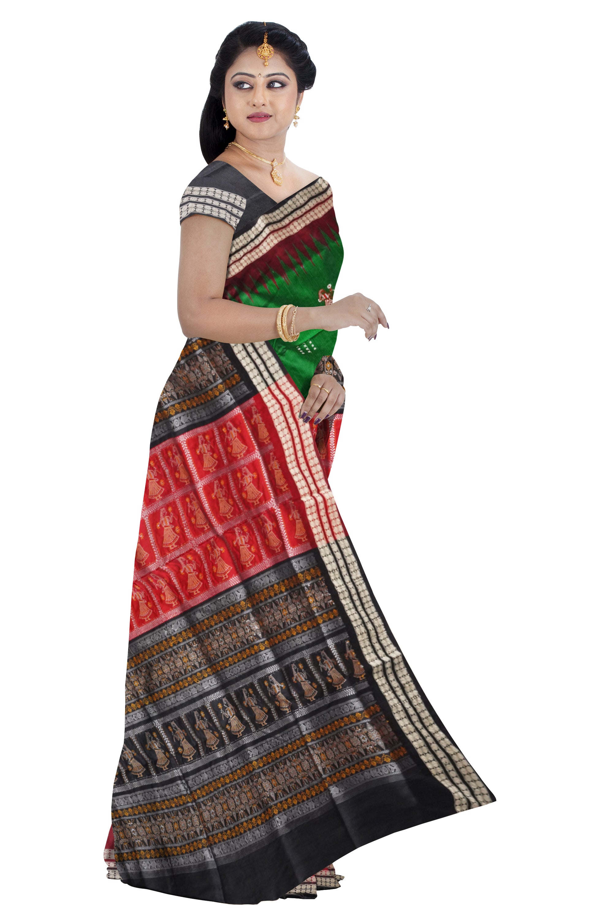Green, black, maroon doll pattern Sambalpuri saree with matching blouse. - Koshali Arts & Crafts Enterprise