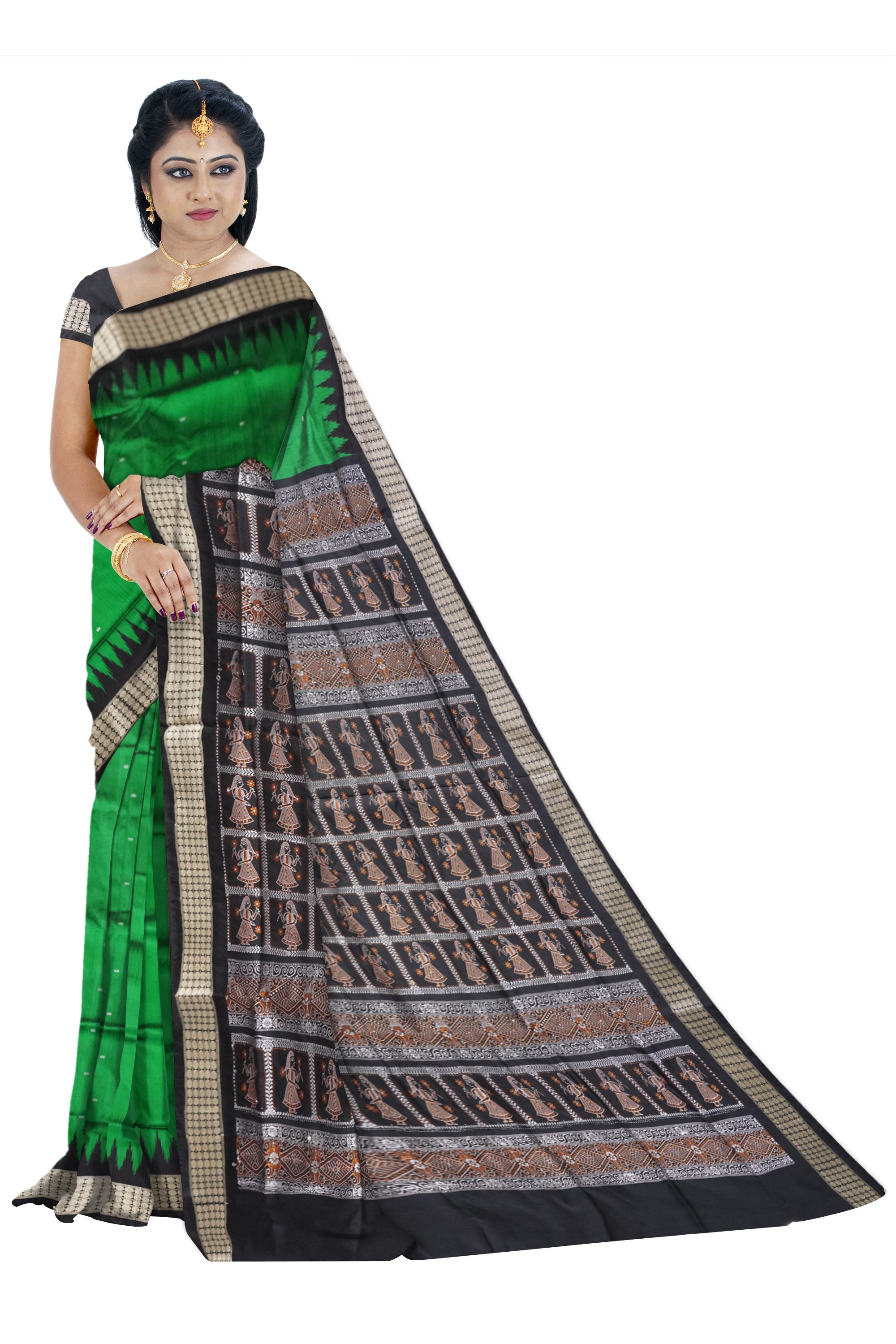 Green and black pata saree, plain body, doll pattern pallu. - Koshali Arts & Crafts Enterprise