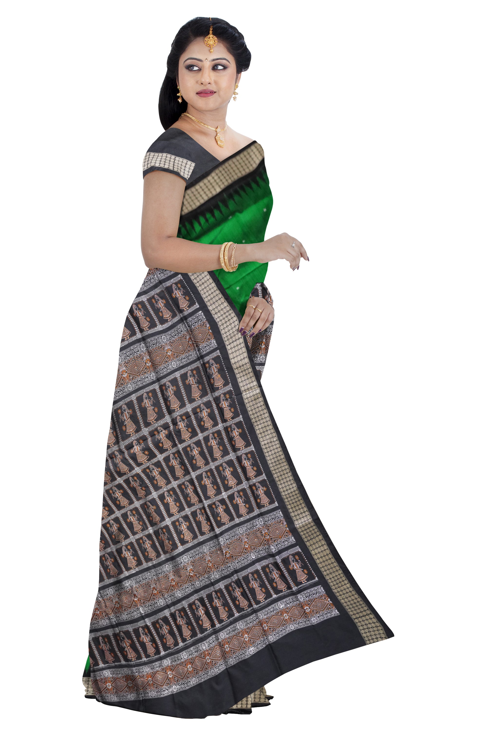 Green and black pata saree, plain body, doll pattern pallu. - Koshali Arts & Crafts Enterprise