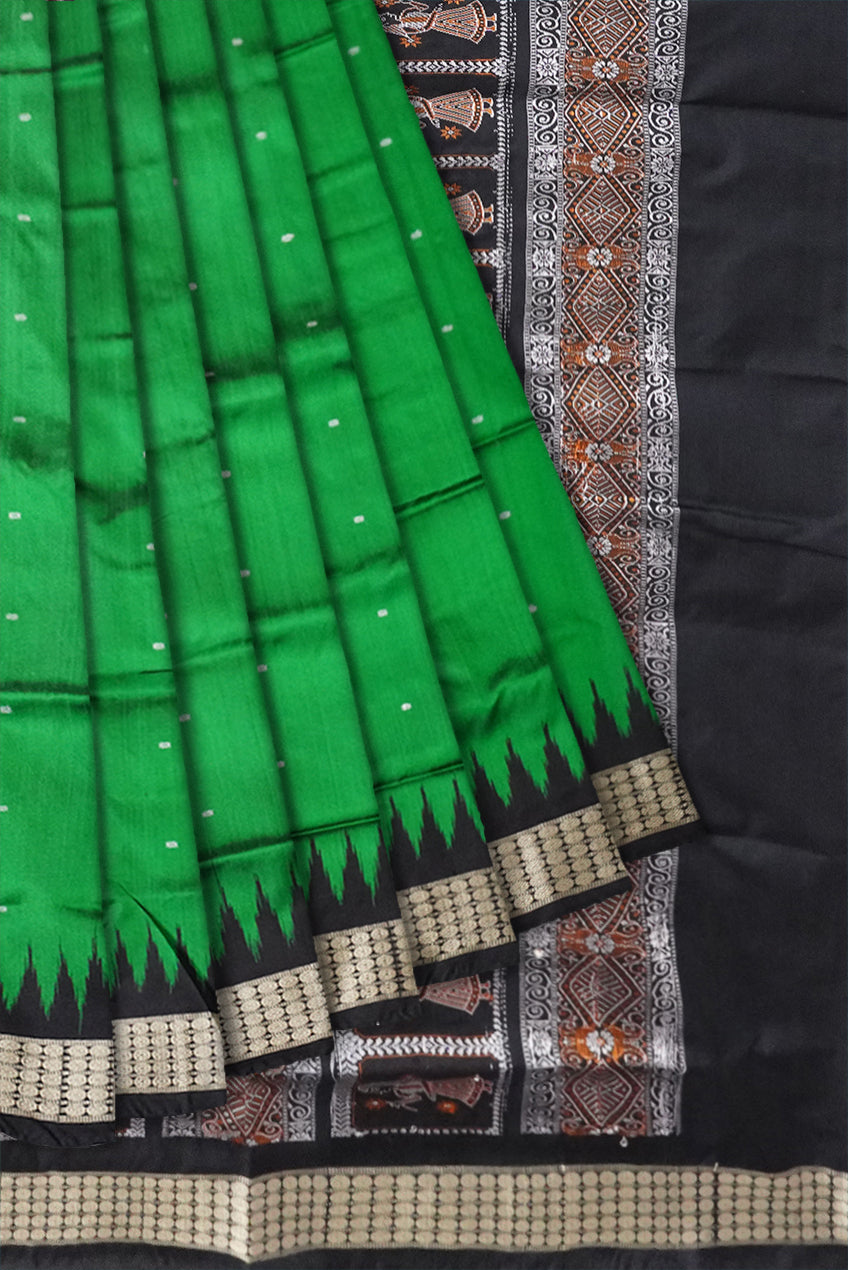 Green and black pata saree, plain body, doll pattern pallu. - Koshali Arts & Crafts Enterprise