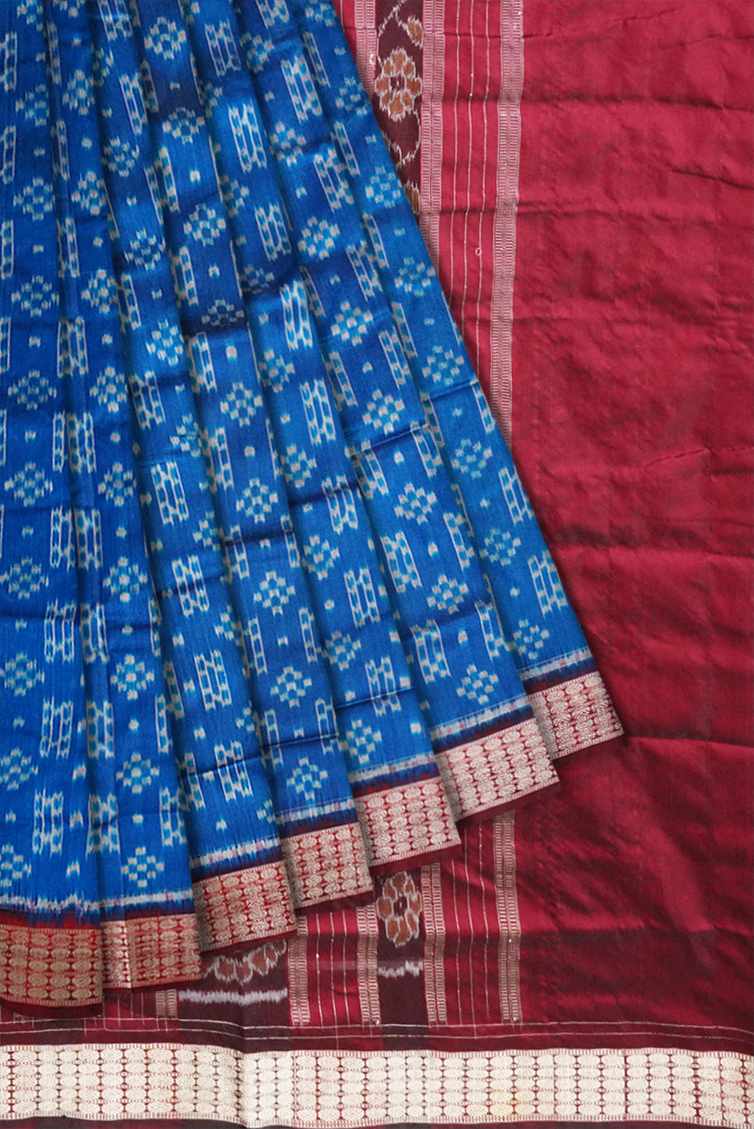 Sky-blue and maroon pasapali saree, peacock with flowers pallu. - Koshali Arts & Crafts Enterprise