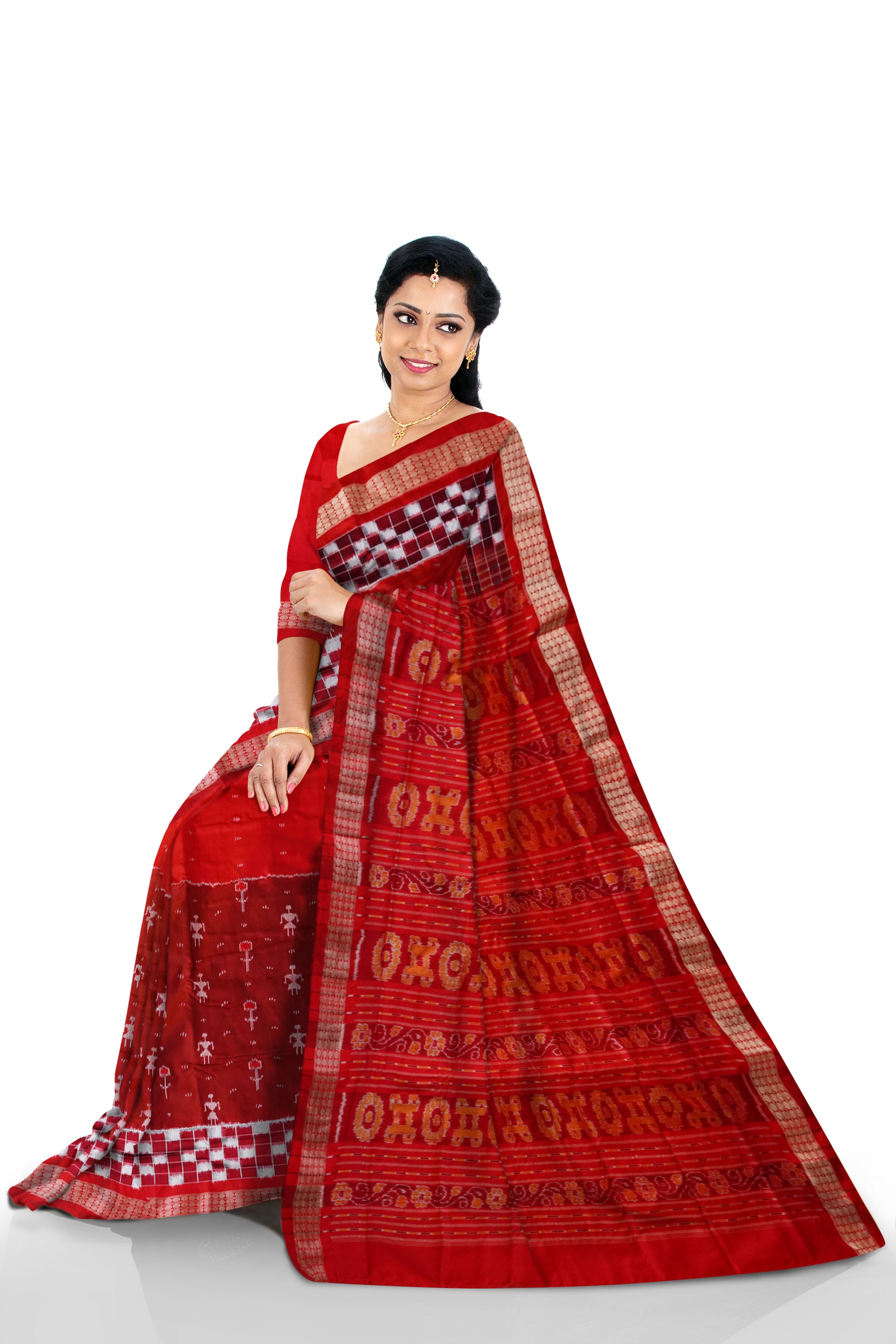 Terracotta Sambalpuri handloom pata saree in red color with Pasapali border, cultural finesse showcased gracefully. - Koshali Arts & Crafts Enterprise