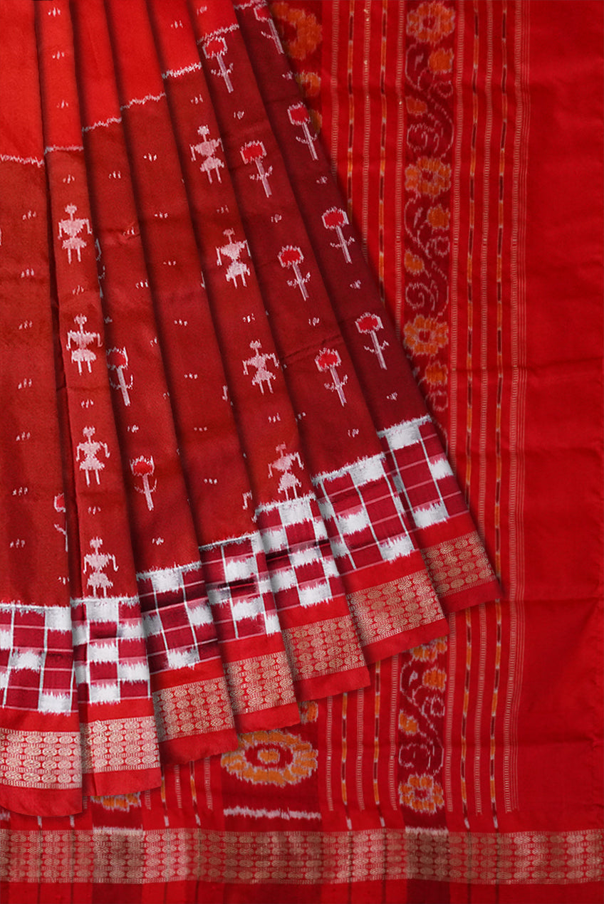 Terracotta Sambalpuri handloom pata saree in red color with Pasapali border, cultural finesse showcased gracefully. - Koshali Arts & Crafts Enterprise
