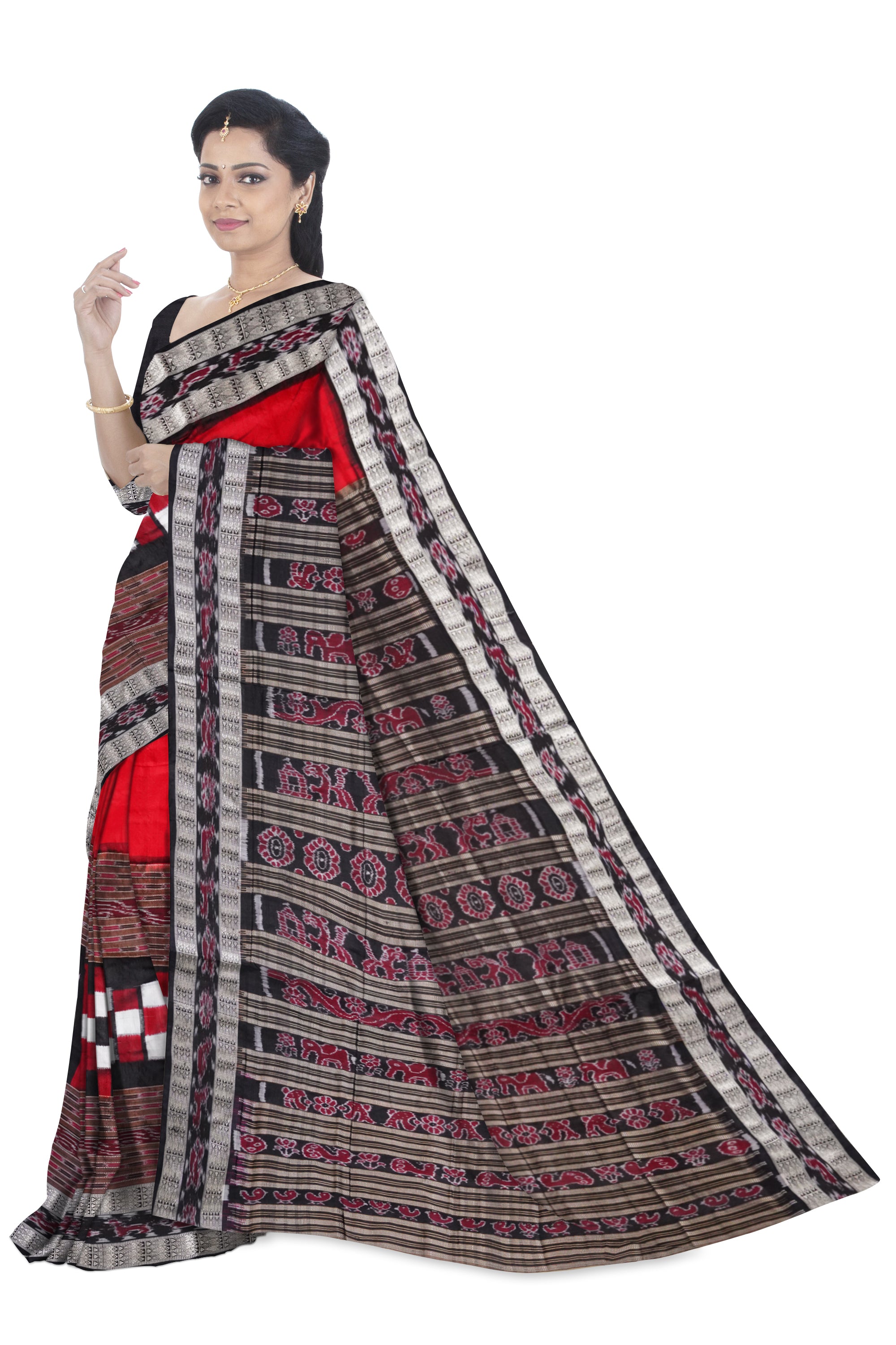 Red and Black color Sambalpuri bichitrapuri pure silk saree with bandha pallu. - Koshali Arts & Crafts Enterprise