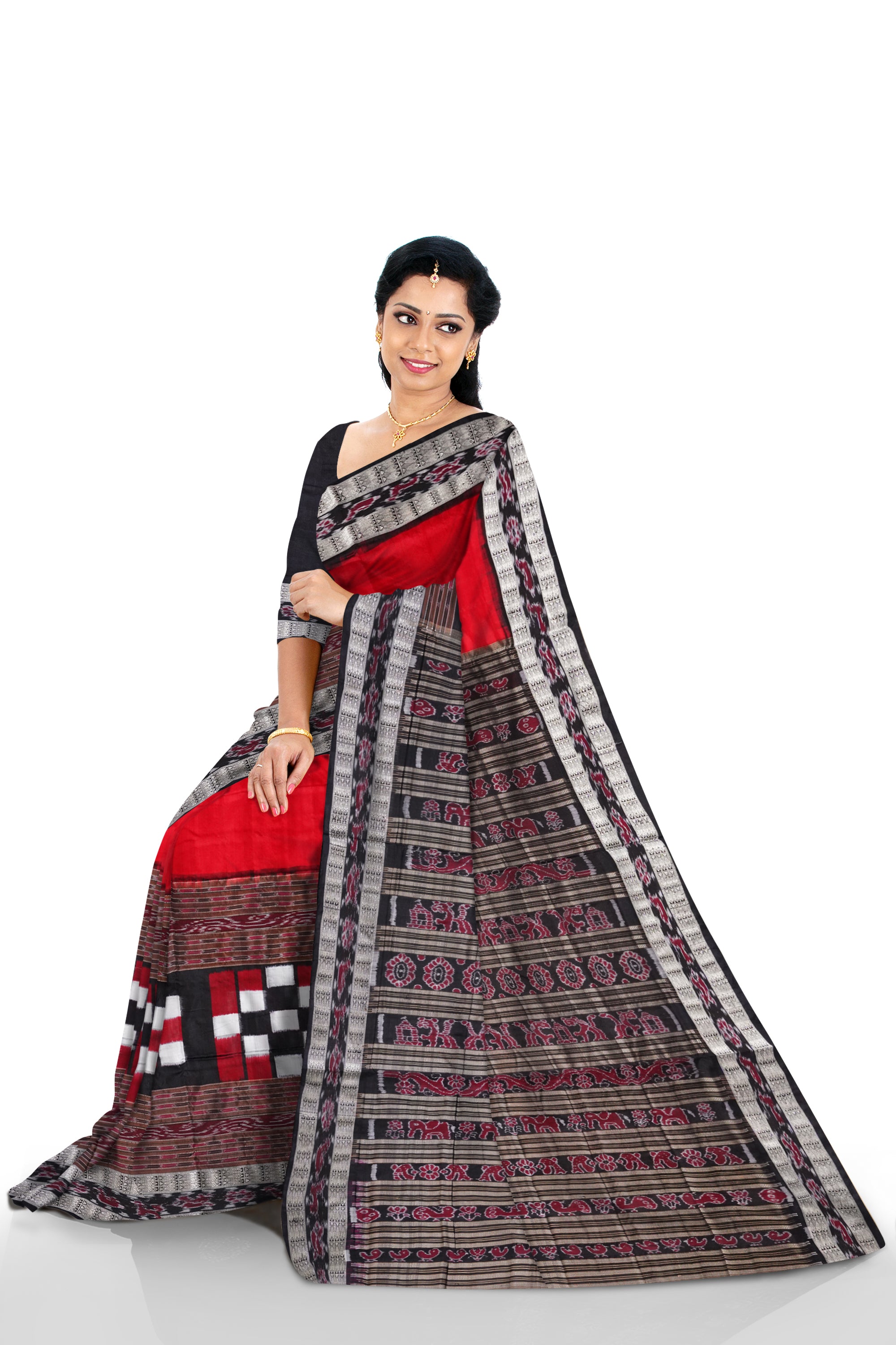 Red and Black color Sambalpuri bichitrapuri pure silk saree with bandha pallu. - Koshali Arts & Crafts Enterprise